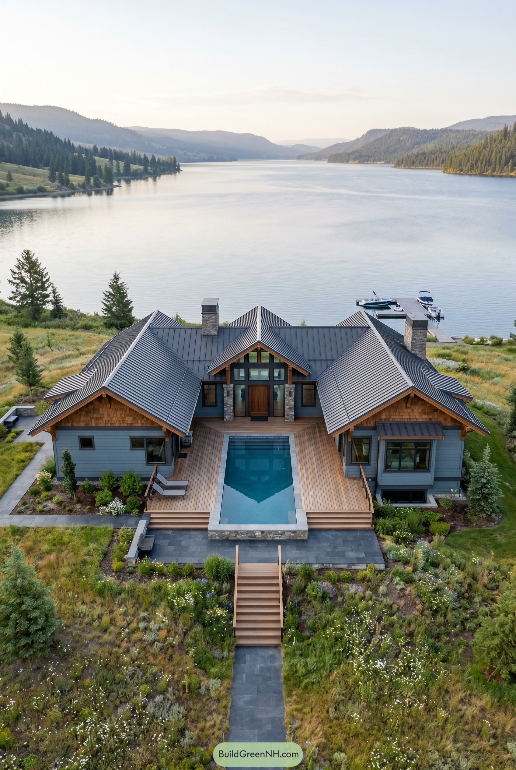 Symmetrical modern craftsman lake house with a central pool