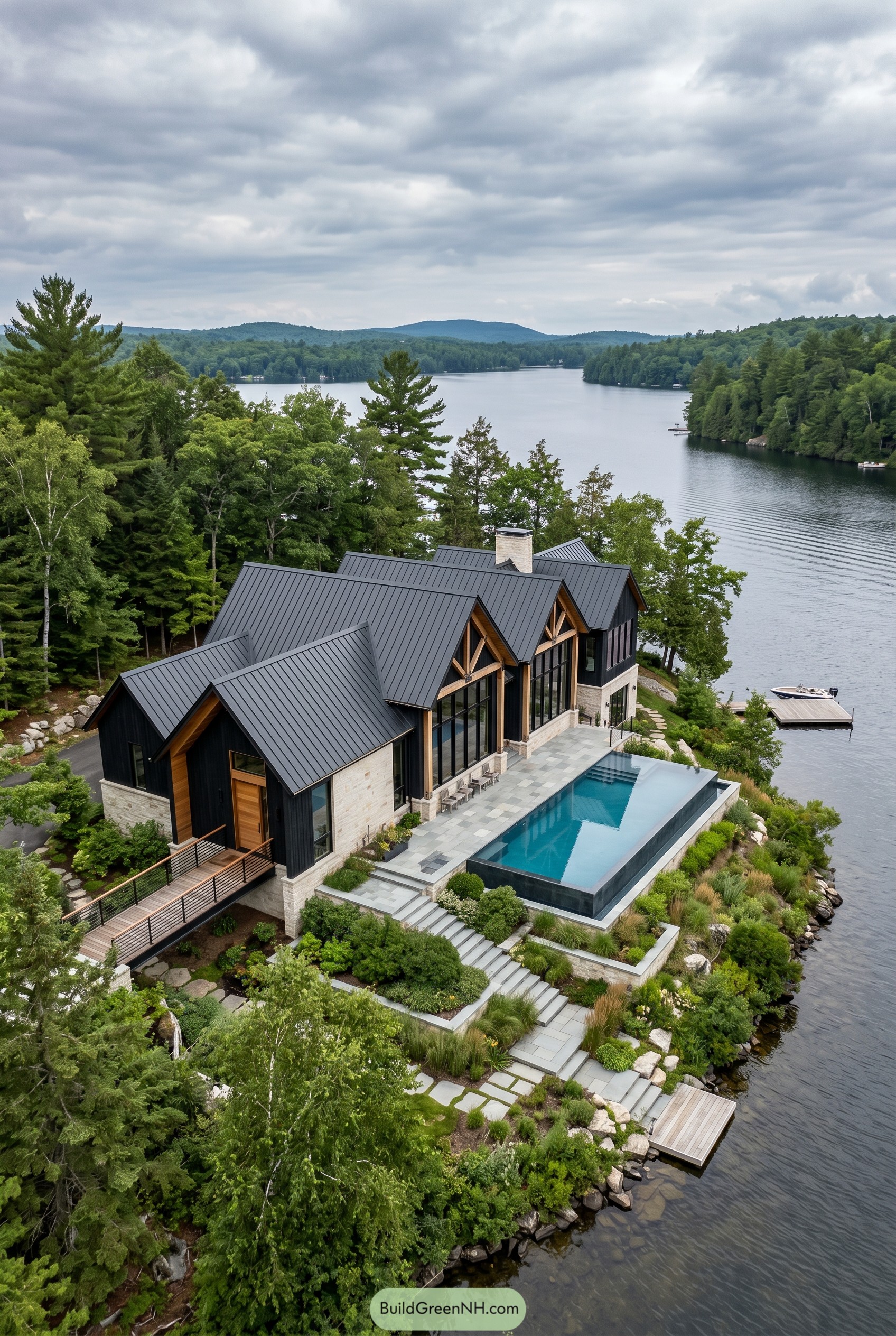 Modern craftsman lake house with infinity pool