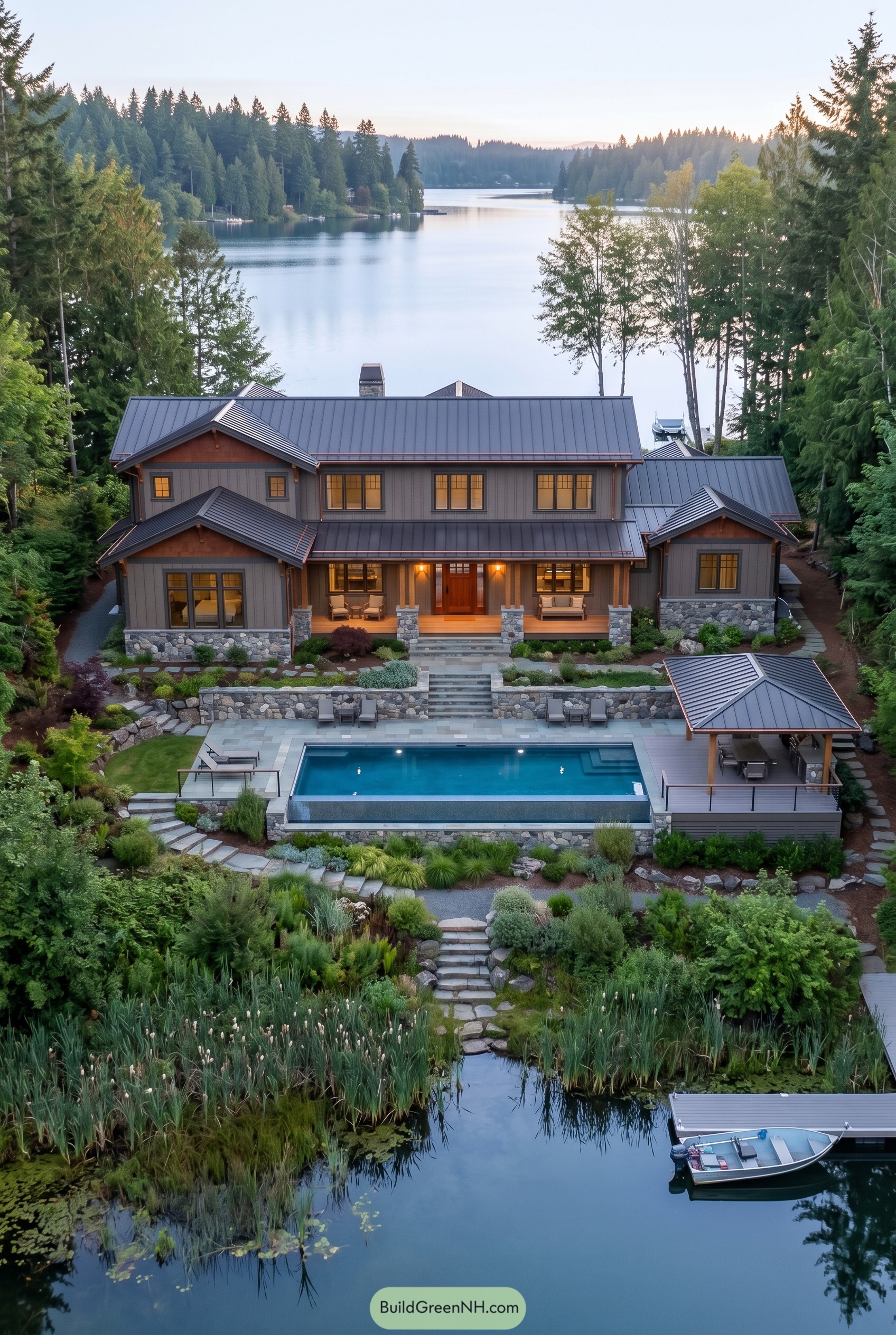 Modern craftsman lake house with pool and dock