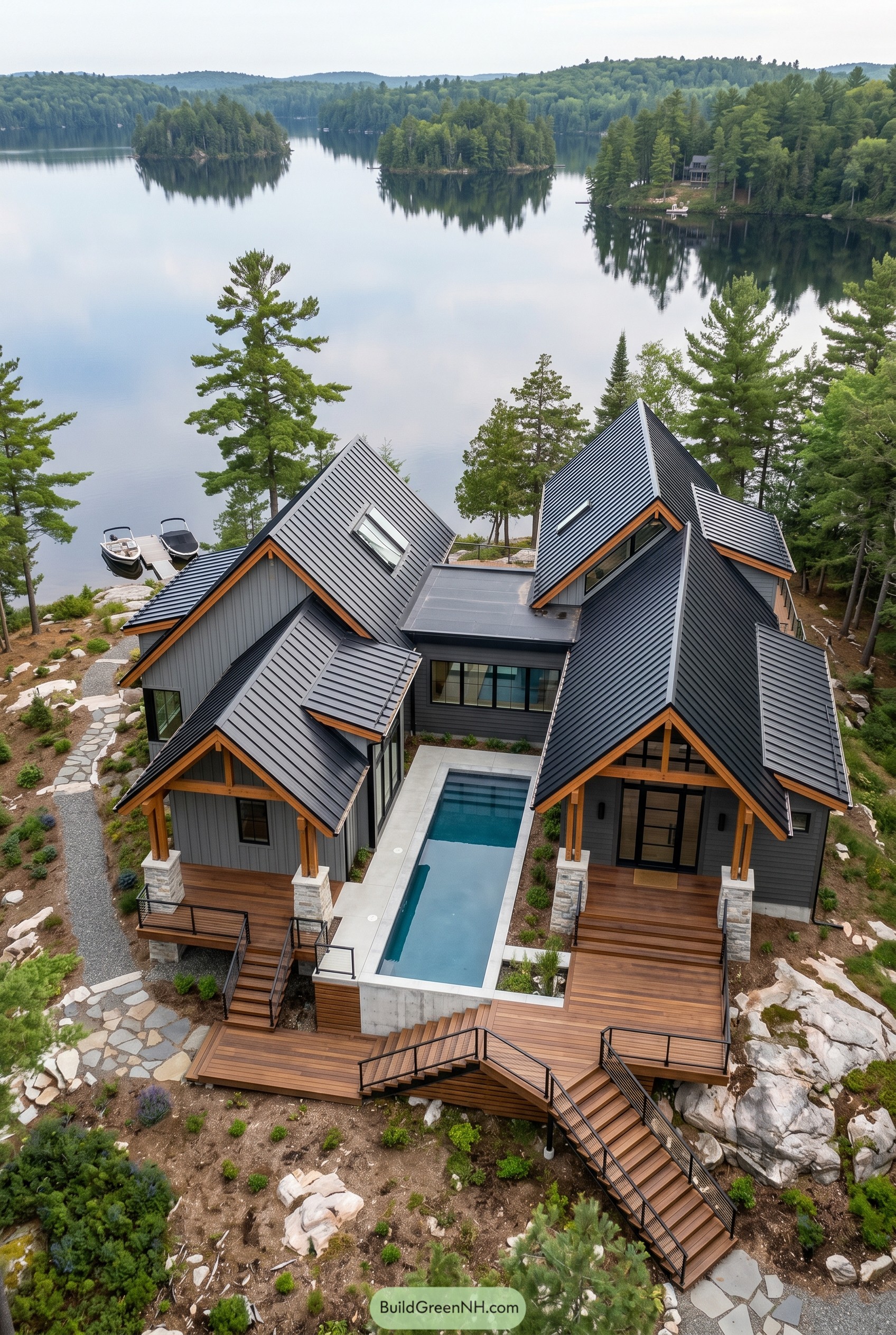 Modern craftsman lake house with narrow courtyard pool