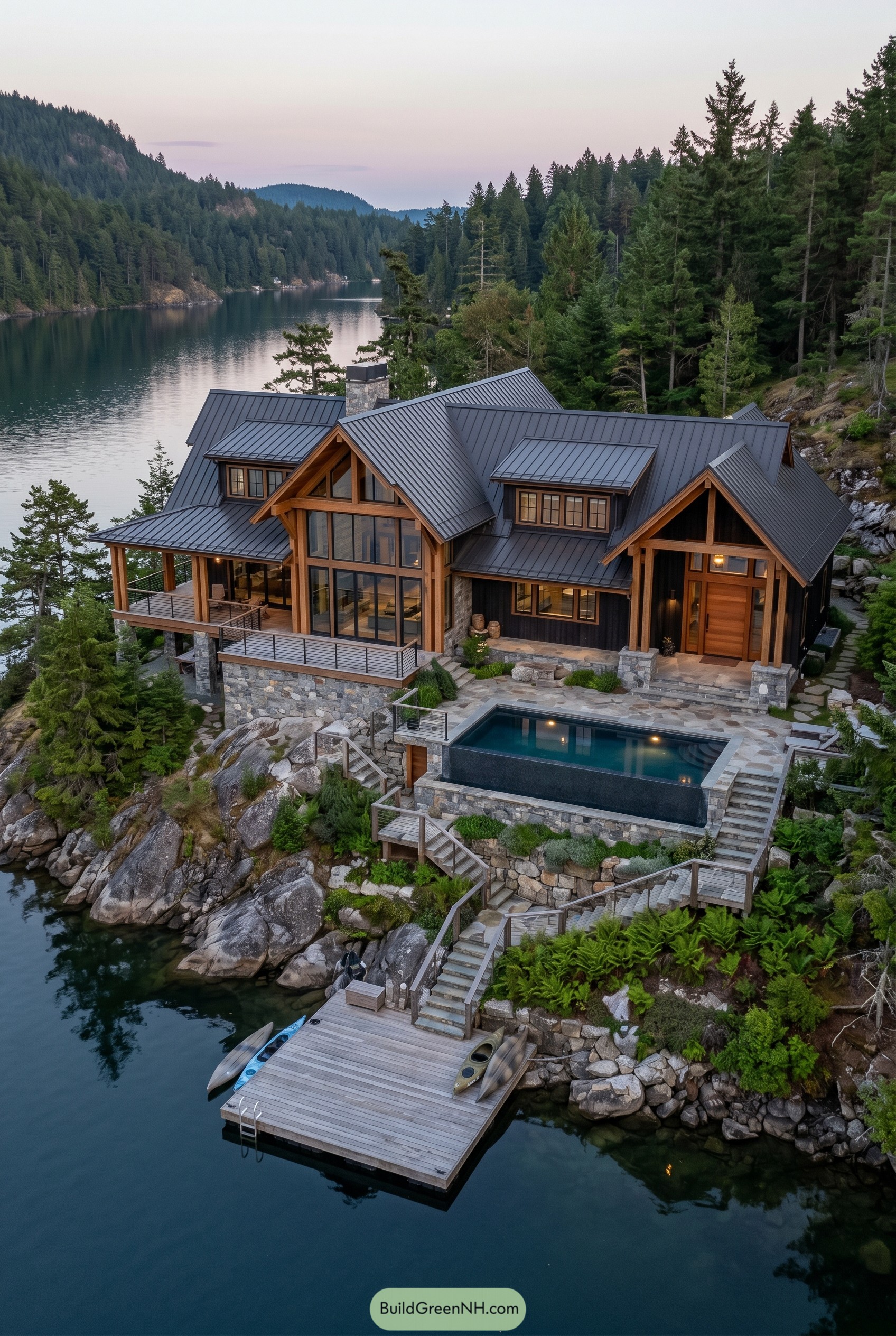 Modern craftsman lake house with pool and dock