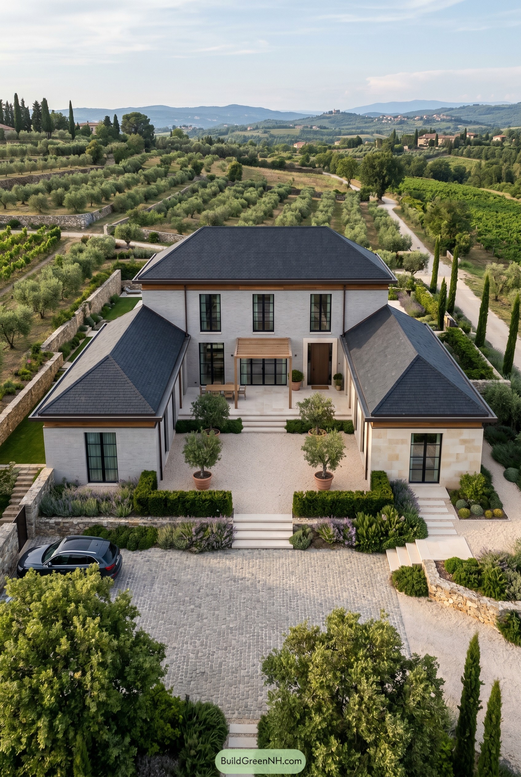Symmetrical European villa with black shingle roofs and gravel courtyard