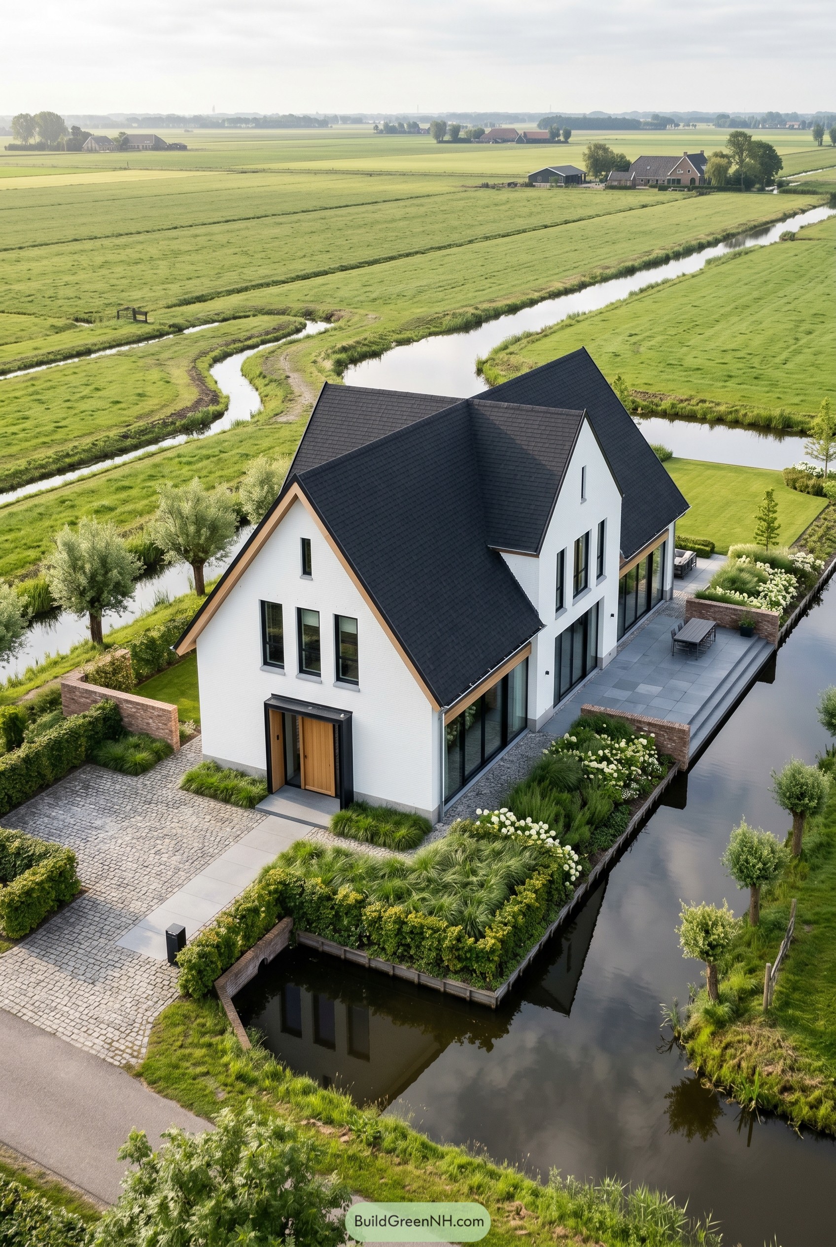 White gabled villa with black shingle roof beside canal