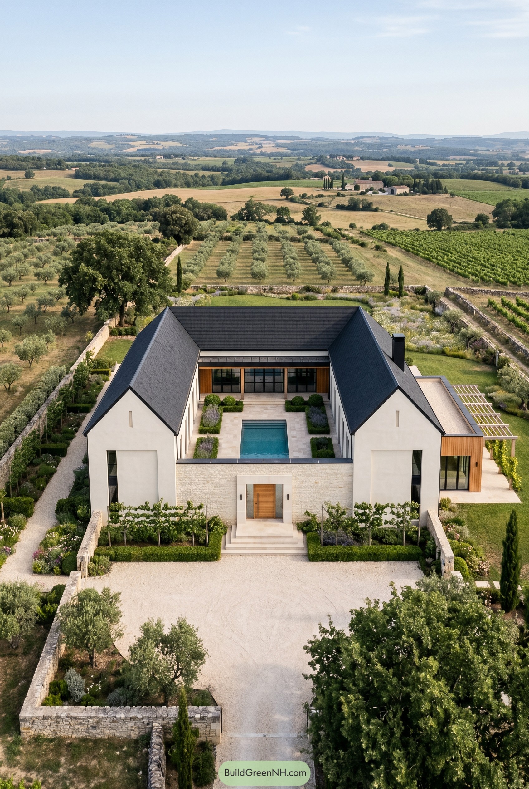 White courtyard villa with black gabled roofs and pool