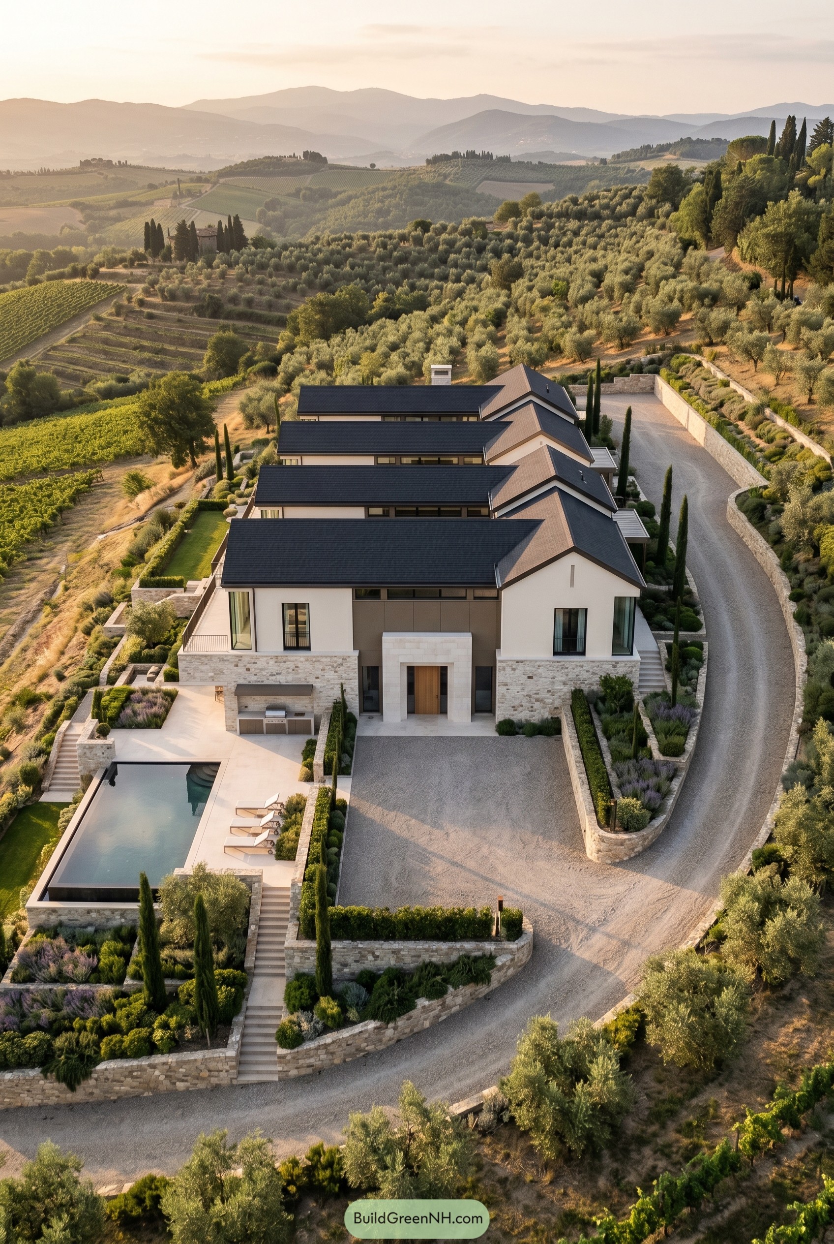 Modern hillside villa with black gabled roofs and pool