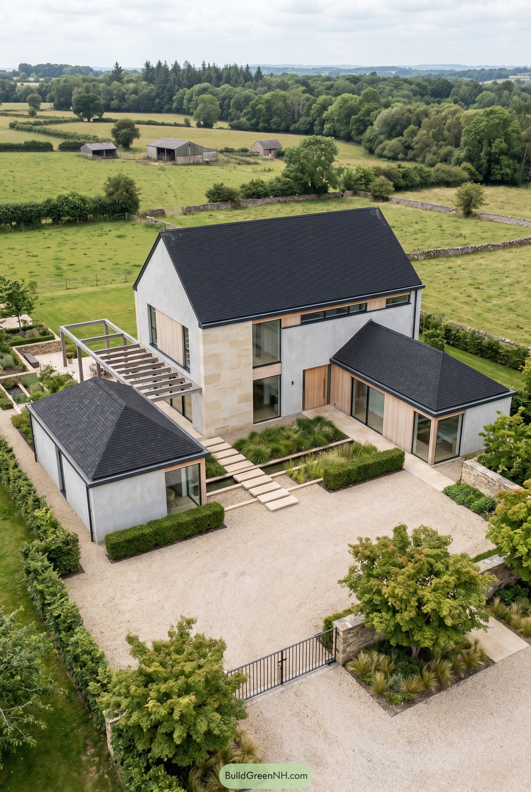 Modern villa with black shingle roofs and gravel court