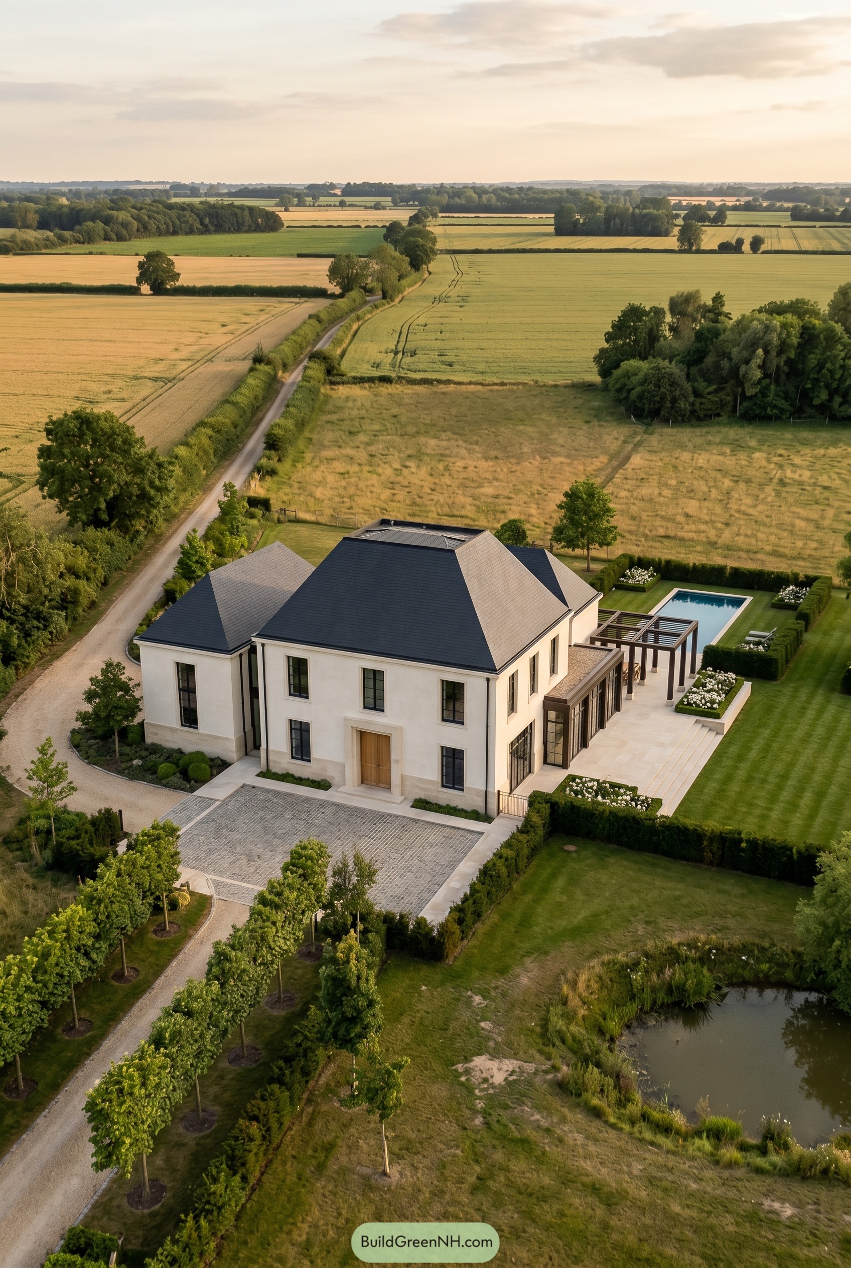 White countryside villa with black shingle roof and pool