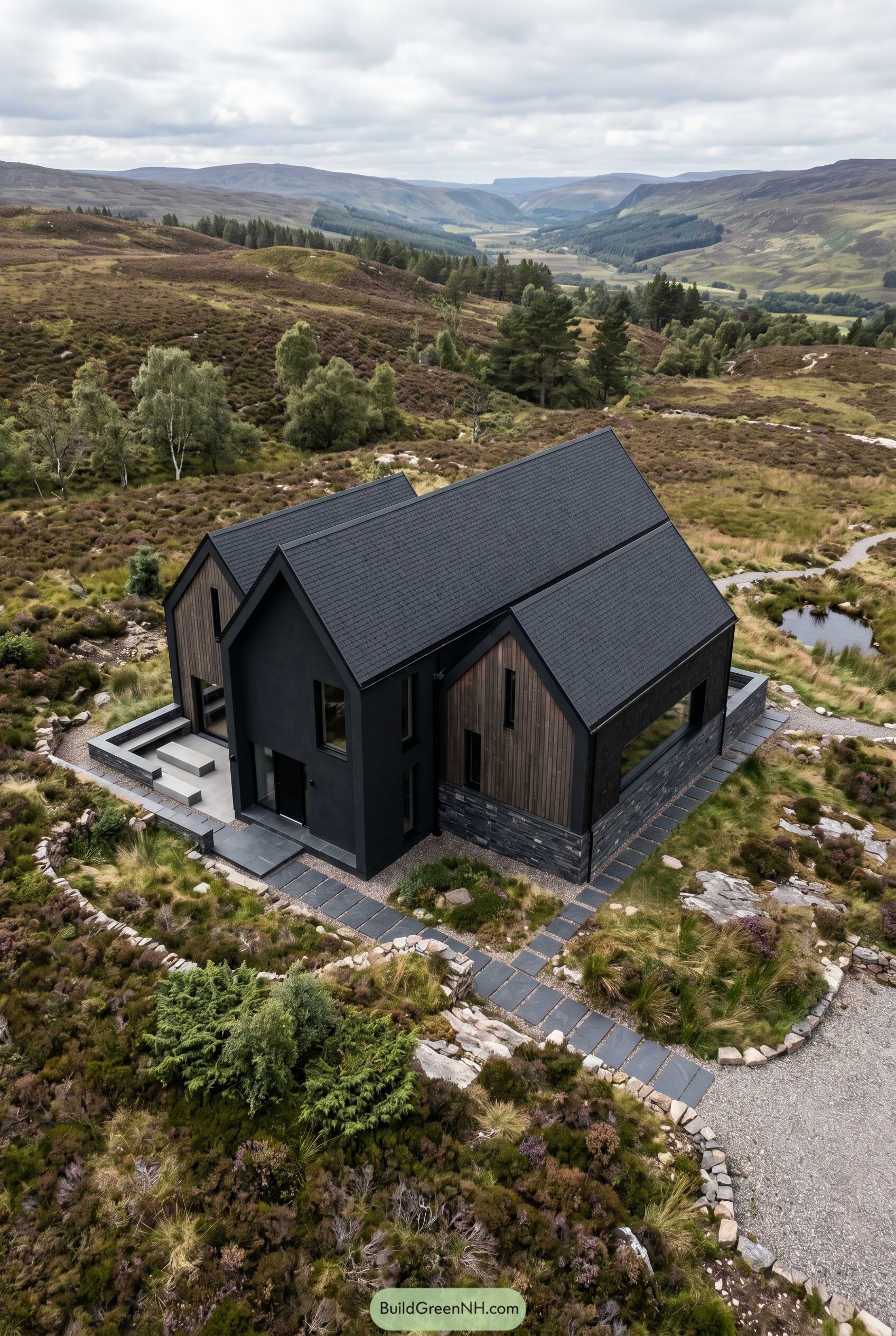 Black shingle gabled villa on moorland slope
