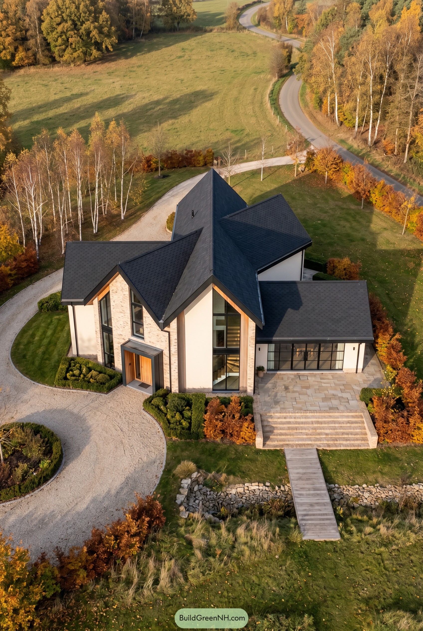 Aerial view of a white villa with a black shingle roof