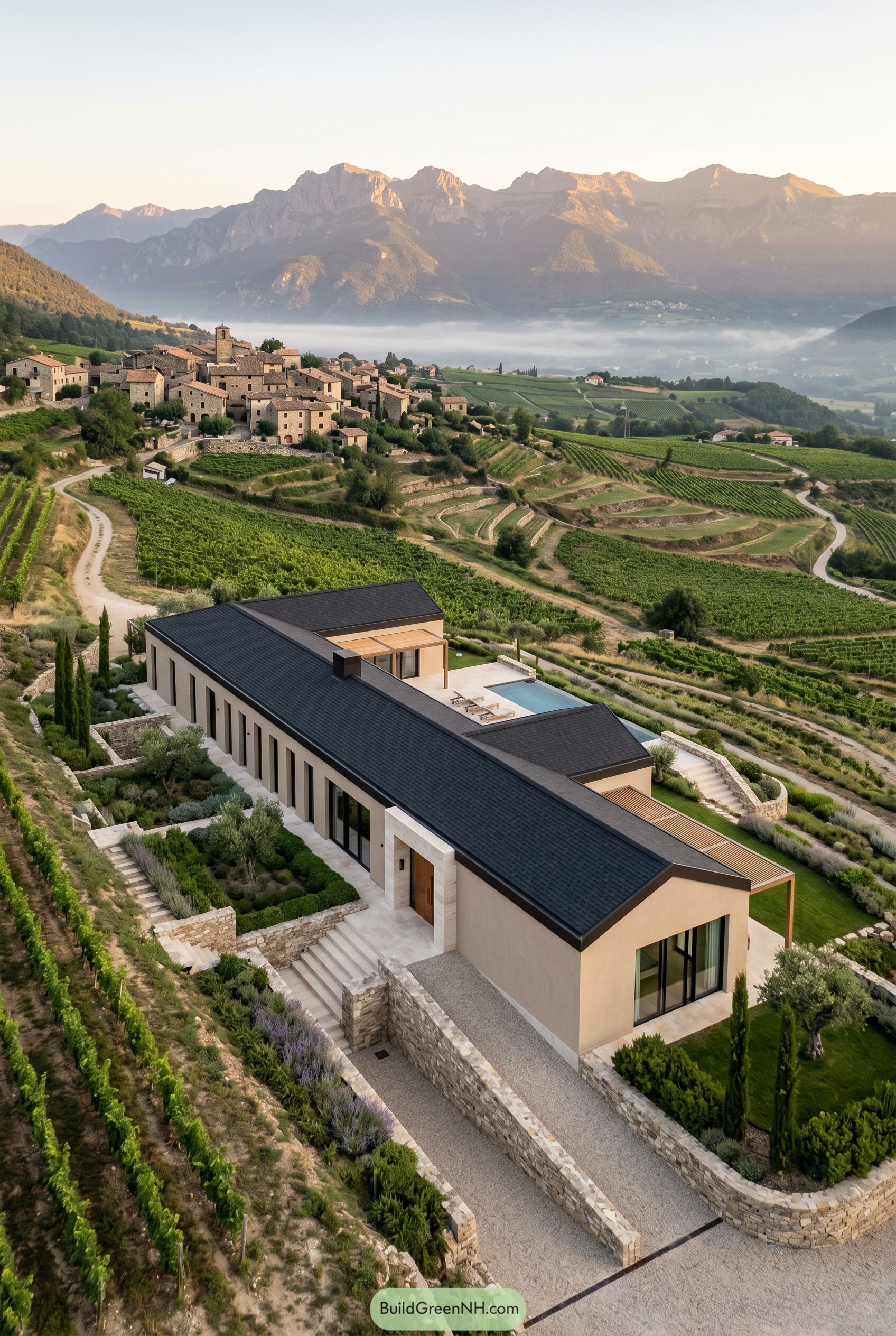Modern villa with black shingle roof above terraced vineyard