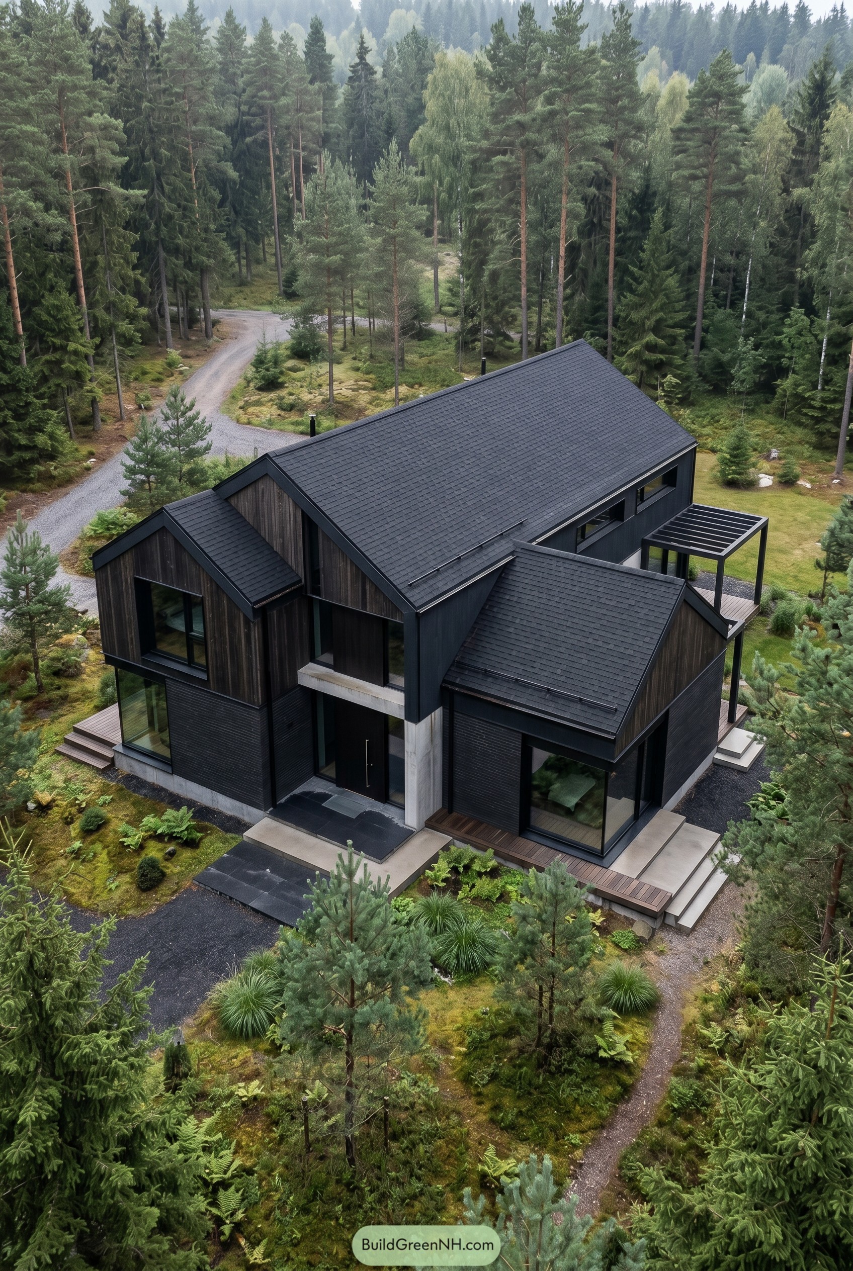 Modern forest villa with black shingle roof