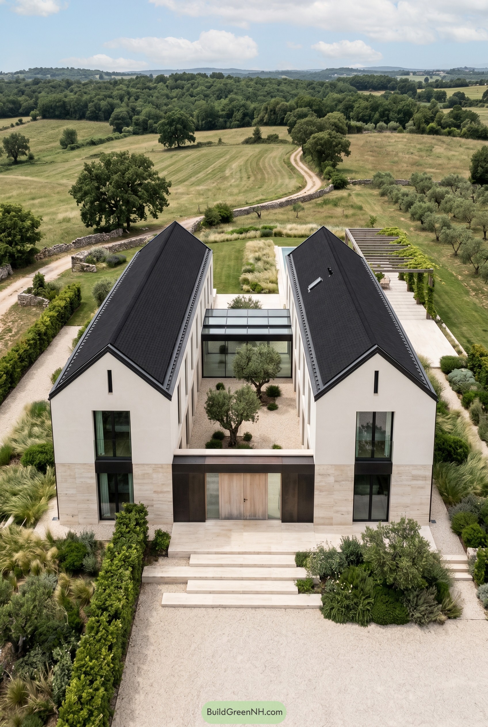 Twin white gabled villa with black shingle roofs and central courtyard