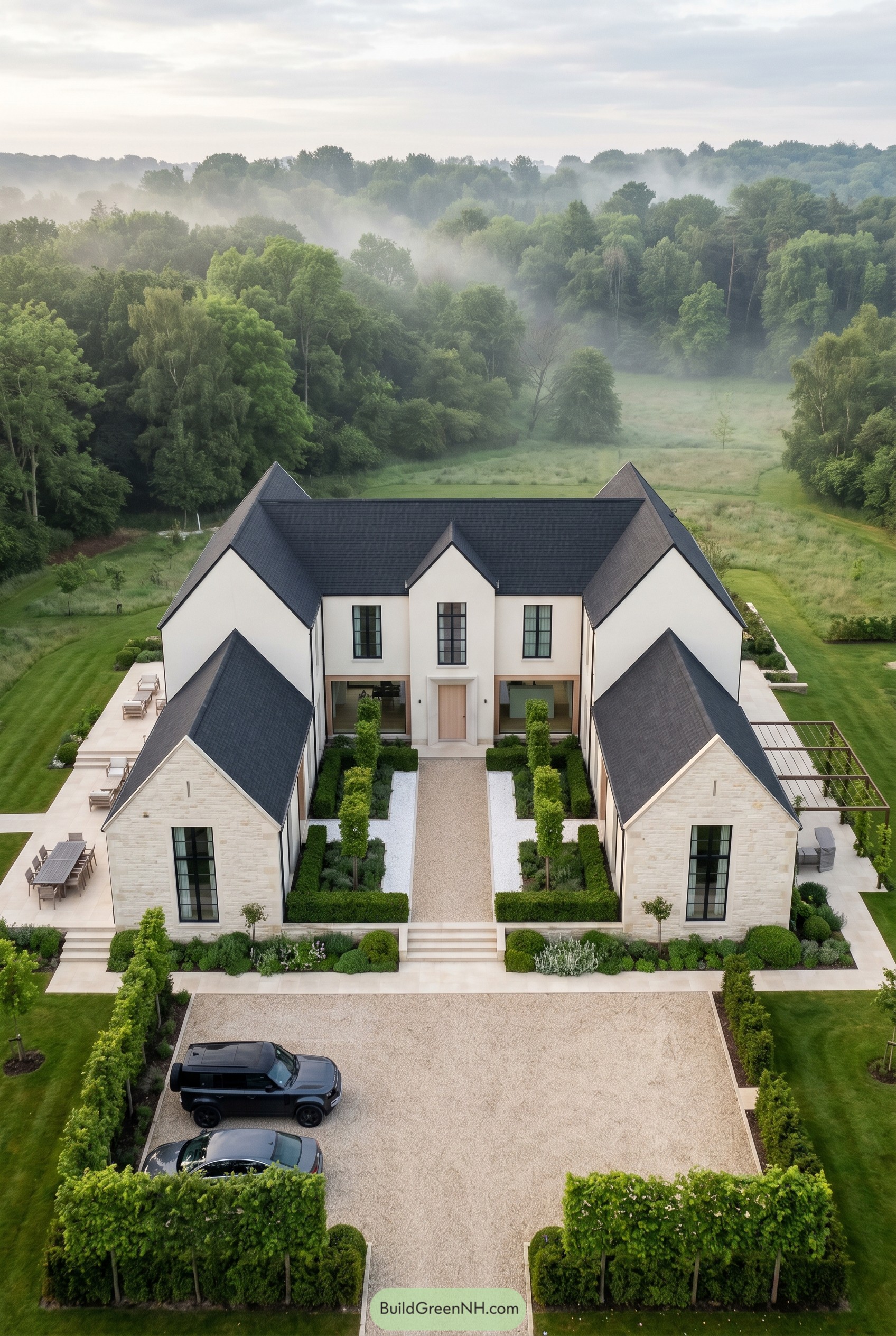 Symmetrical white villa with black gabled roof