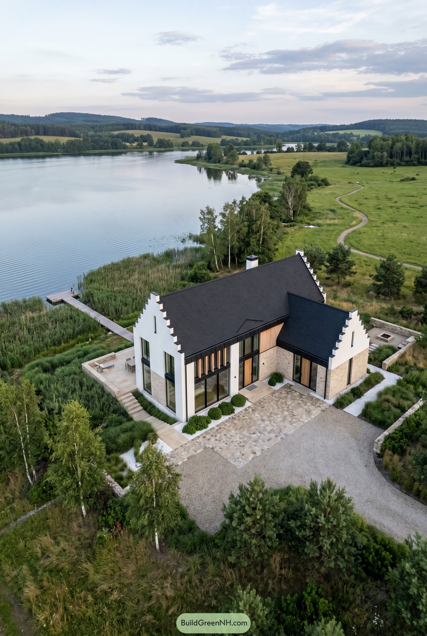 Modern lakeside villa with black shingle roofs