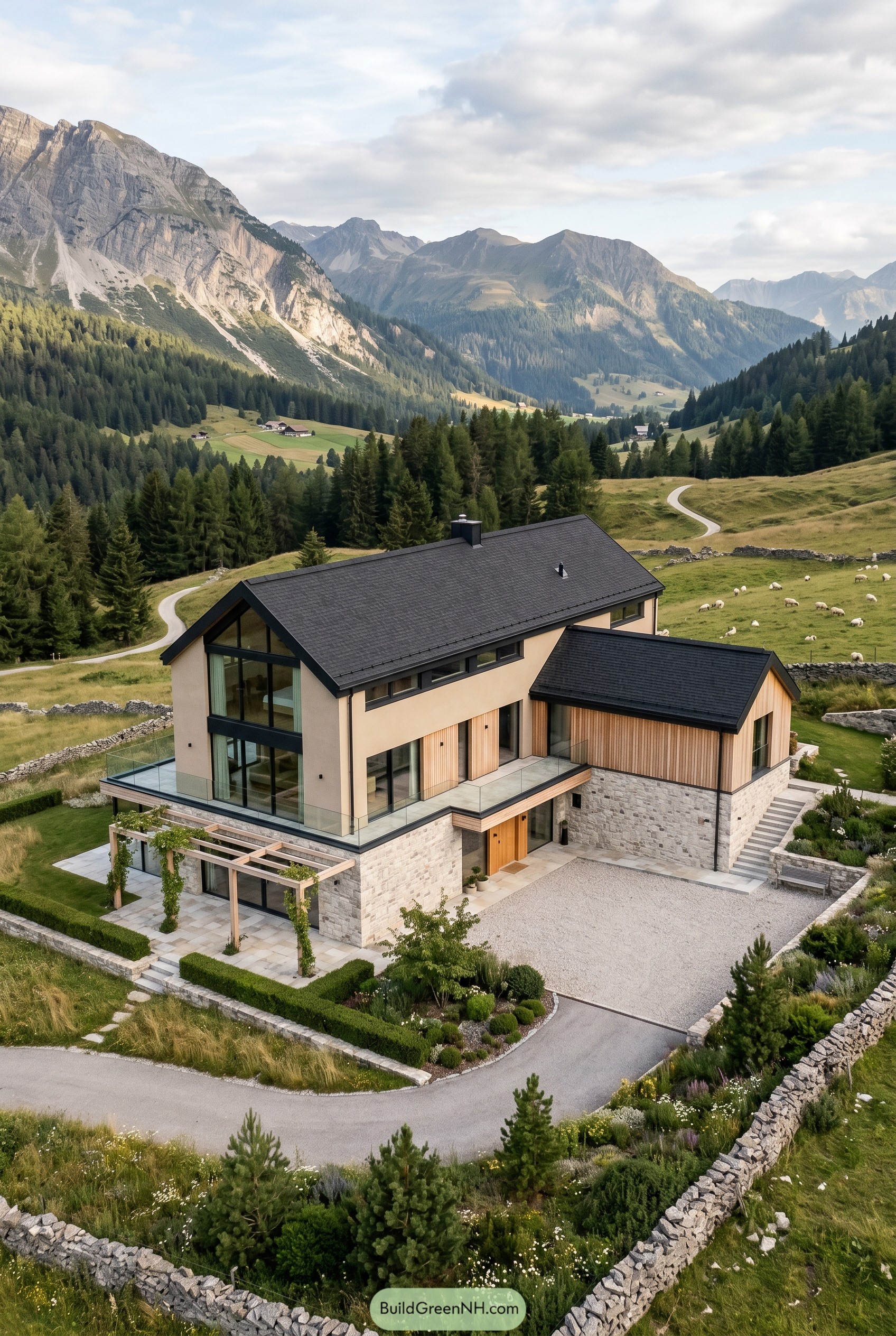 Modern alpine villa with black shingle roof