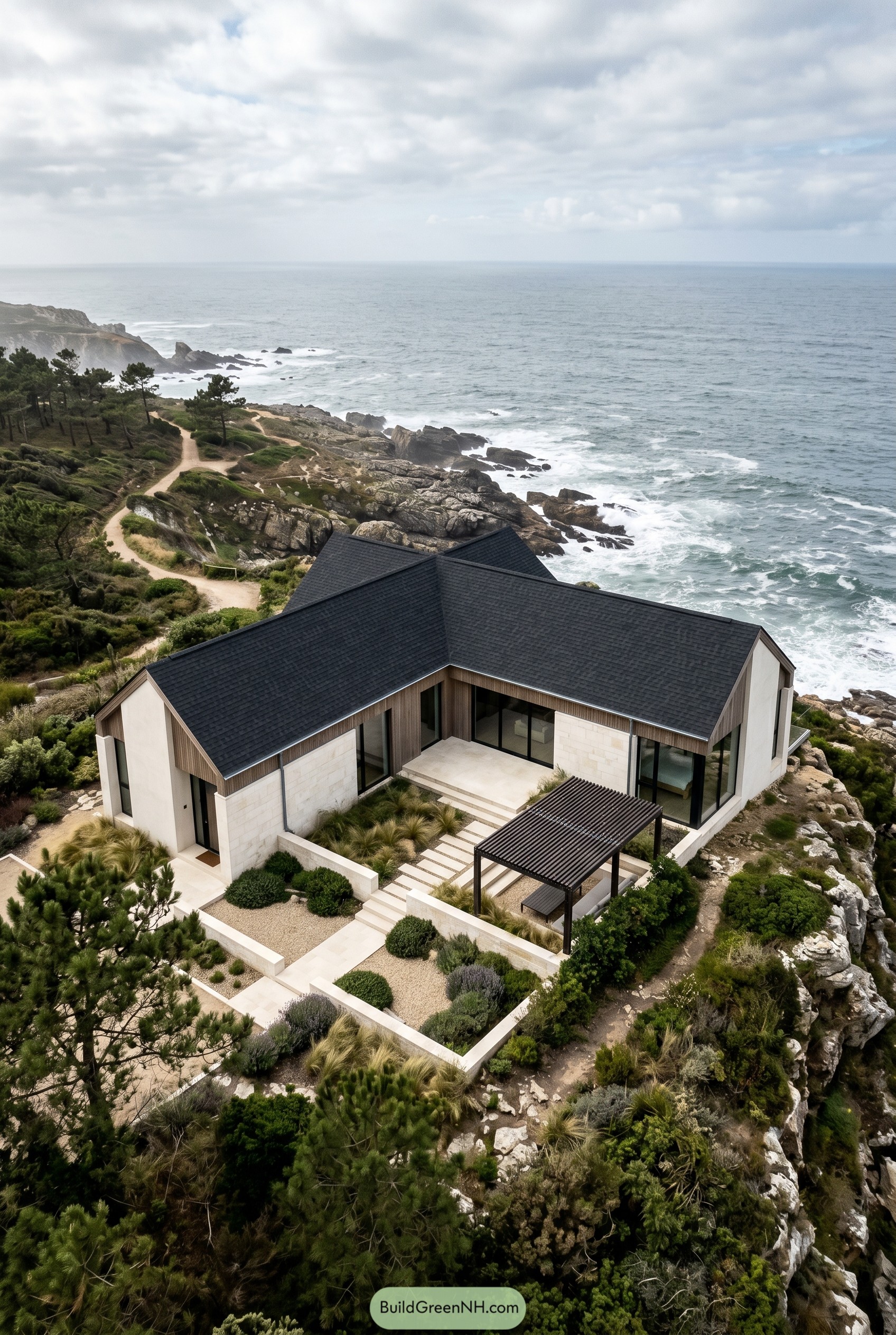 Coastal villa with black shingle gables
