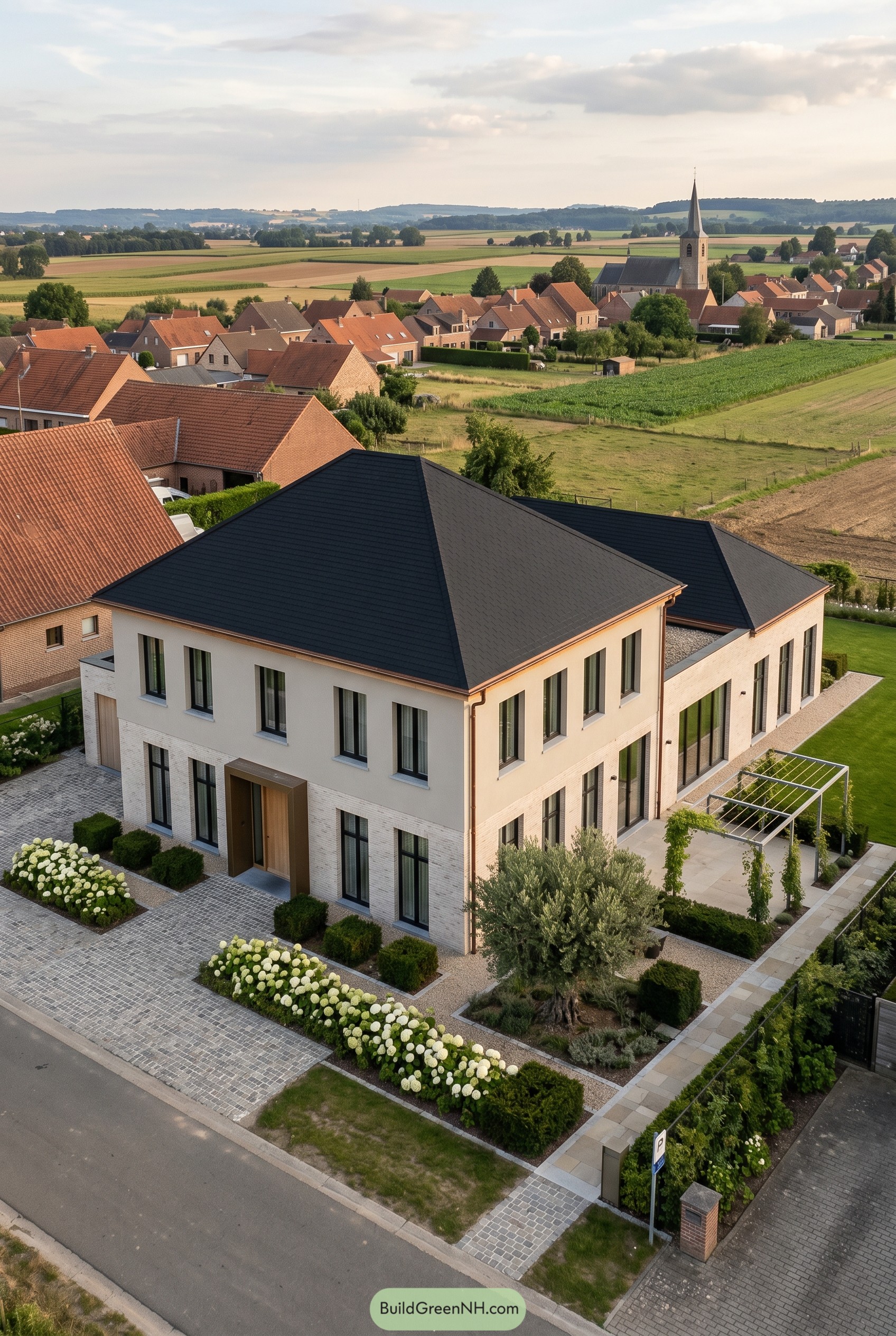Modern villa with black hipped roof