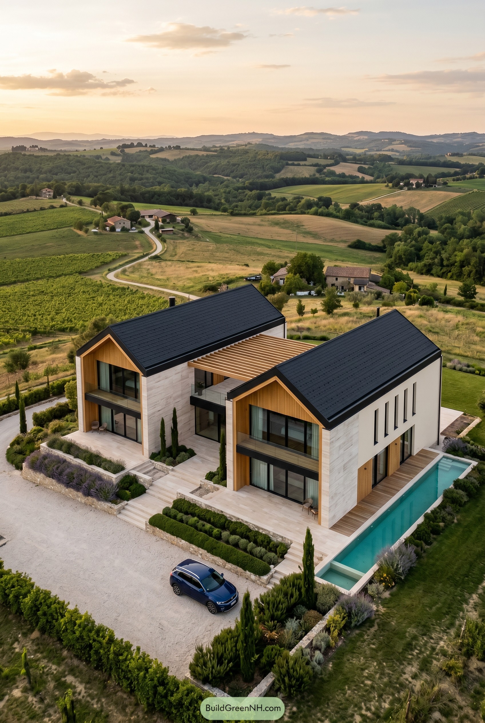 Modern twin gabled villa with black roofs and lap pool