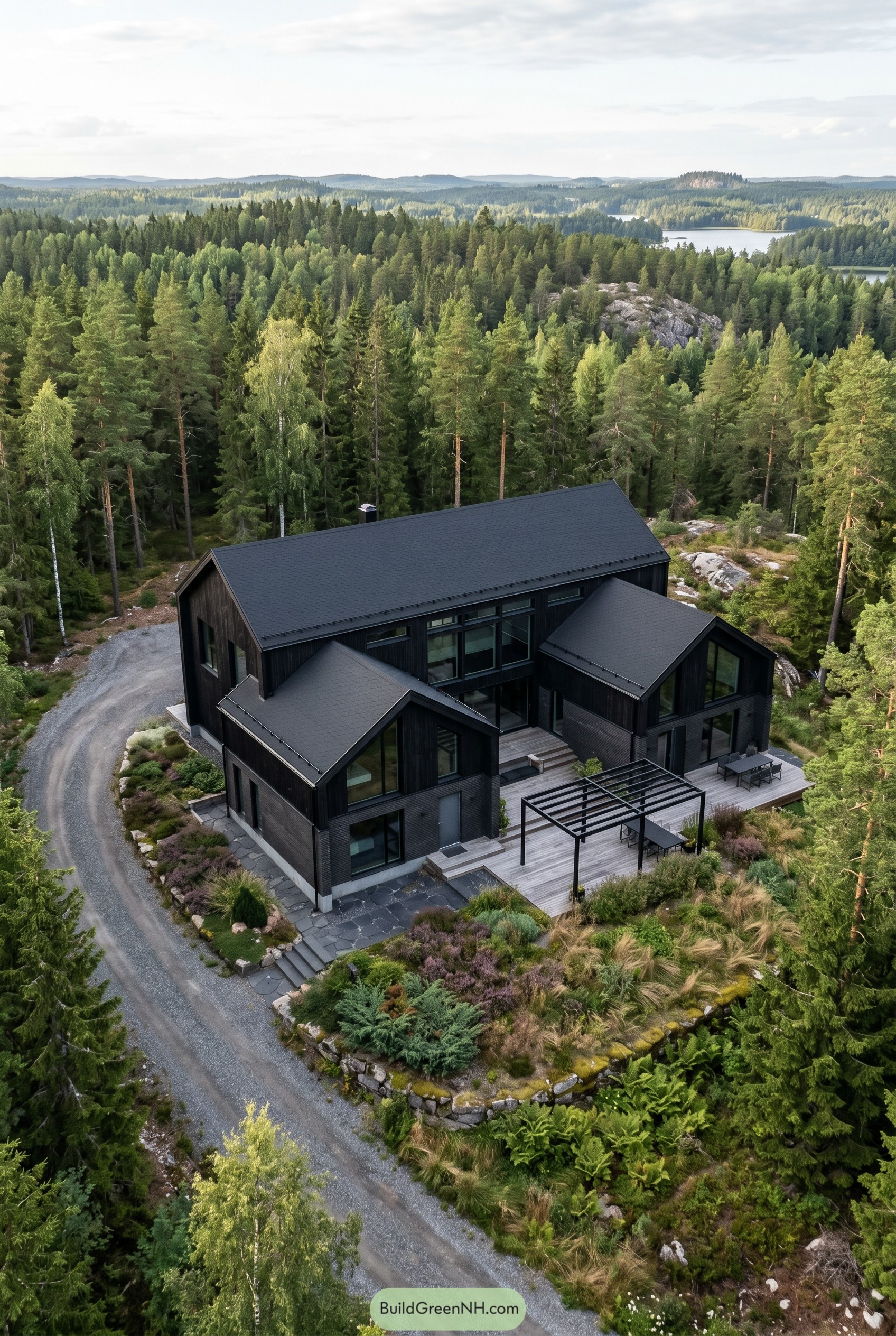 Modern black roof villa in forest clearing