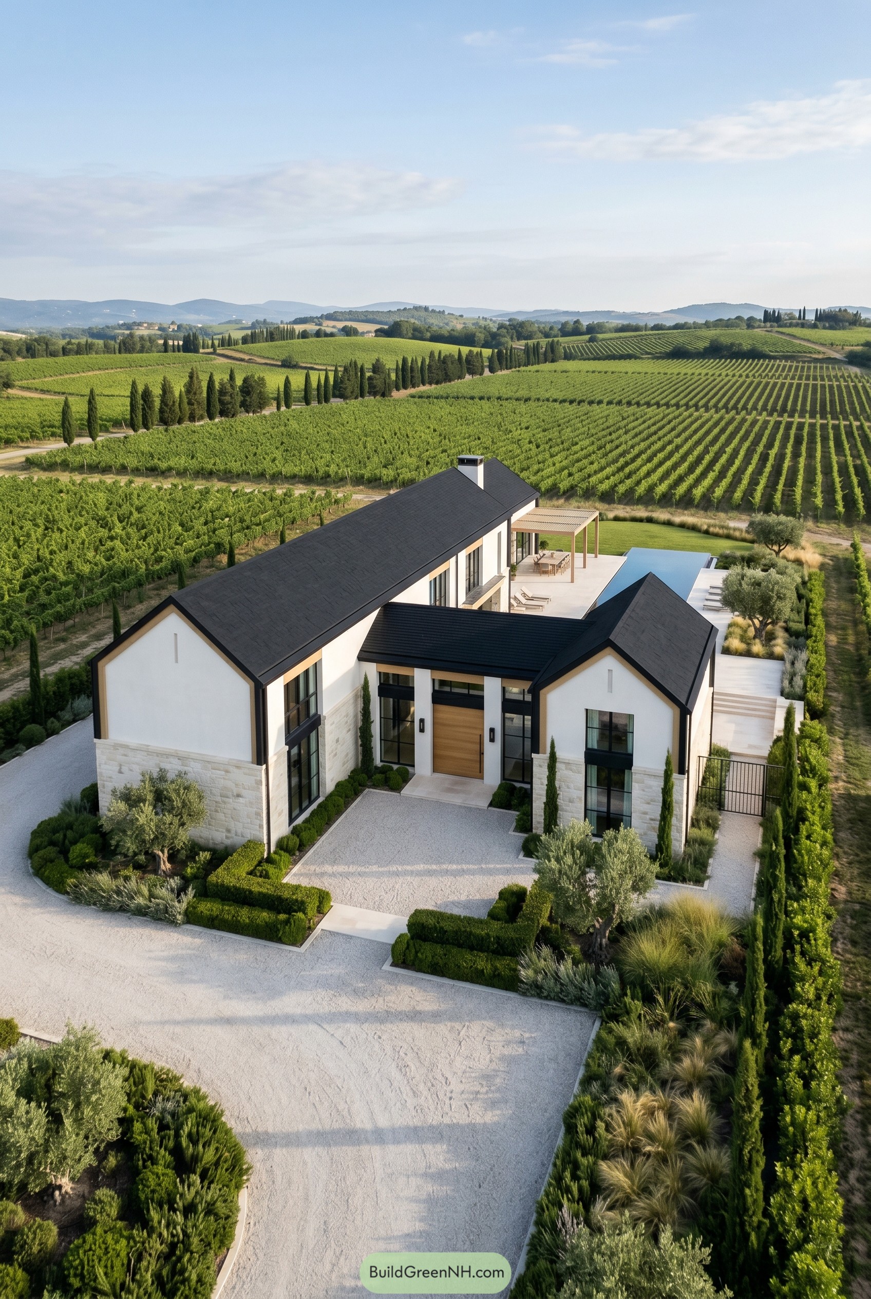 Modern white villa with black shingle roofs beside a vineyard pool