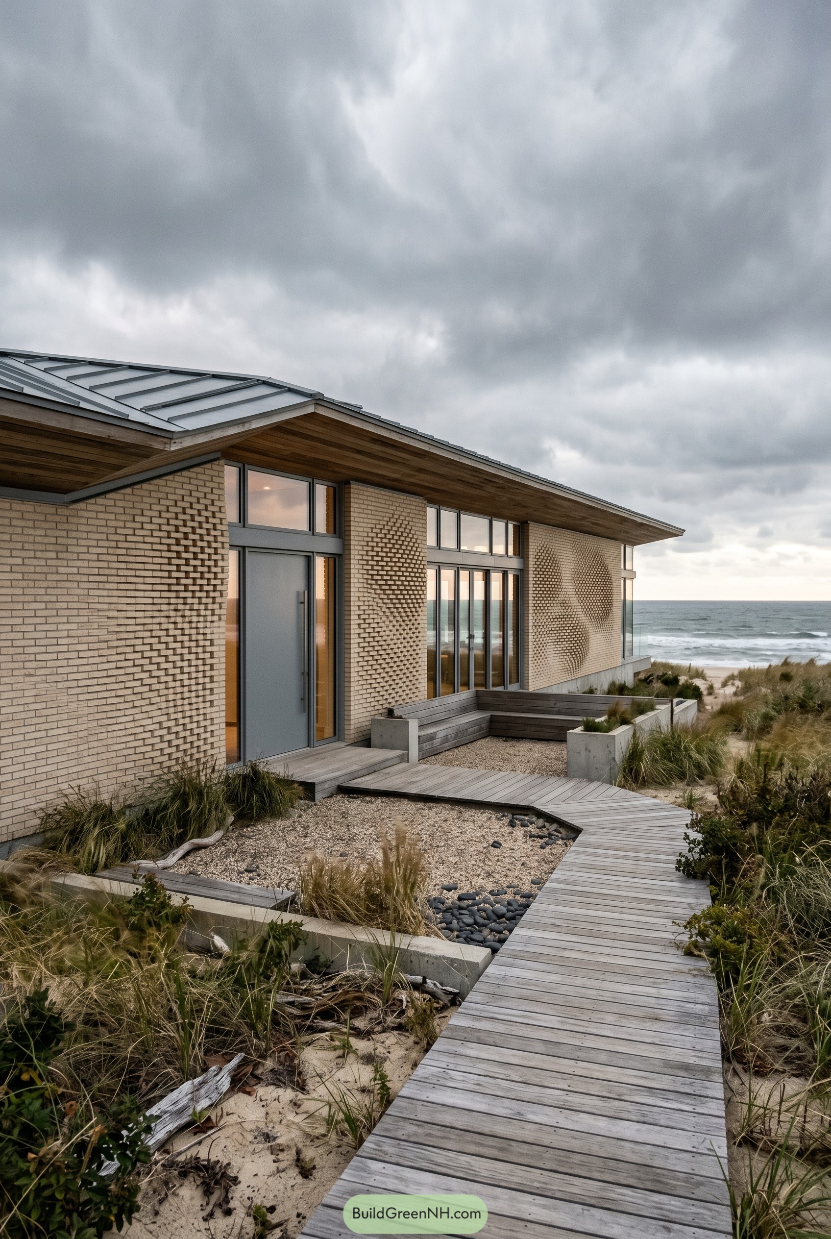 Modern beach house with textured brick facade