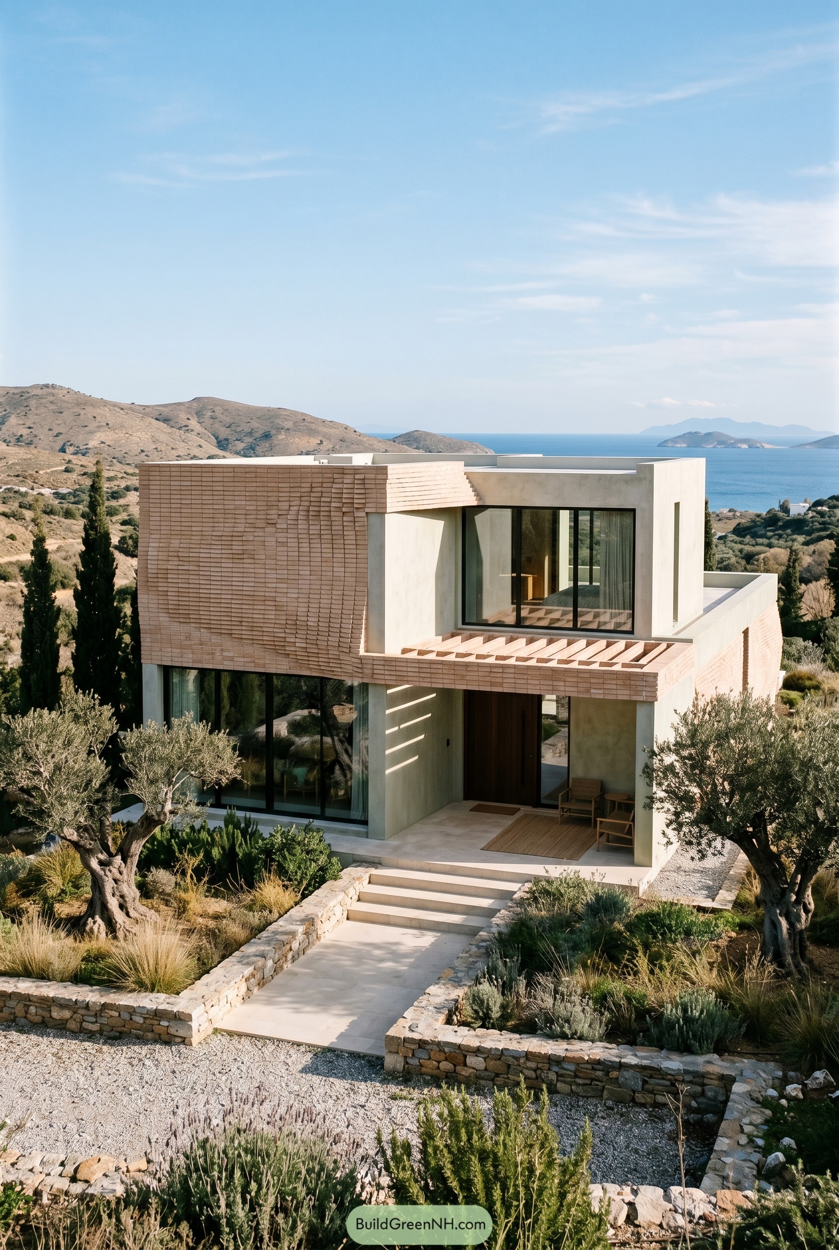 Modern coastal house with sculpted brick facade