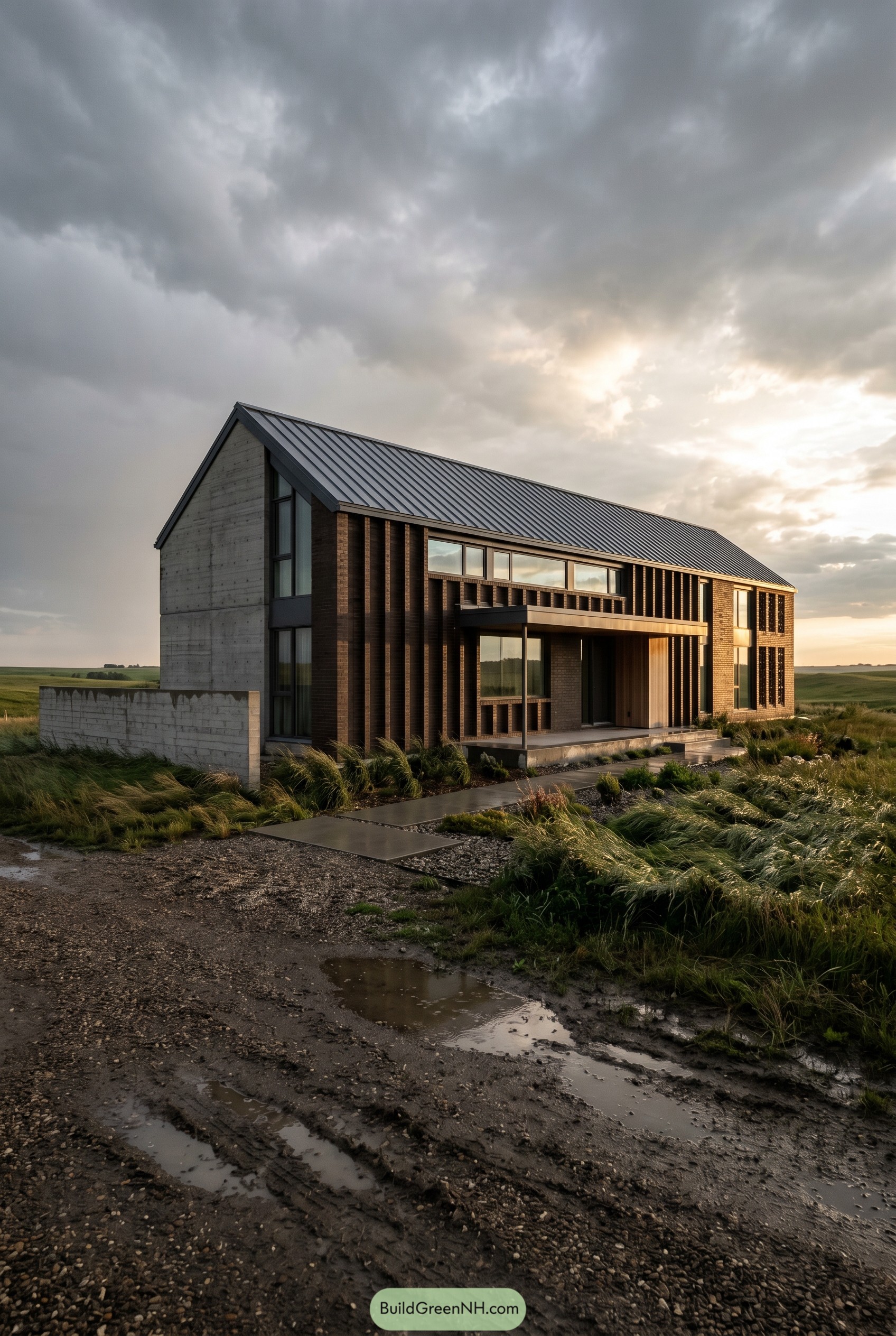 Modern gabled brick house with vertical brick fins