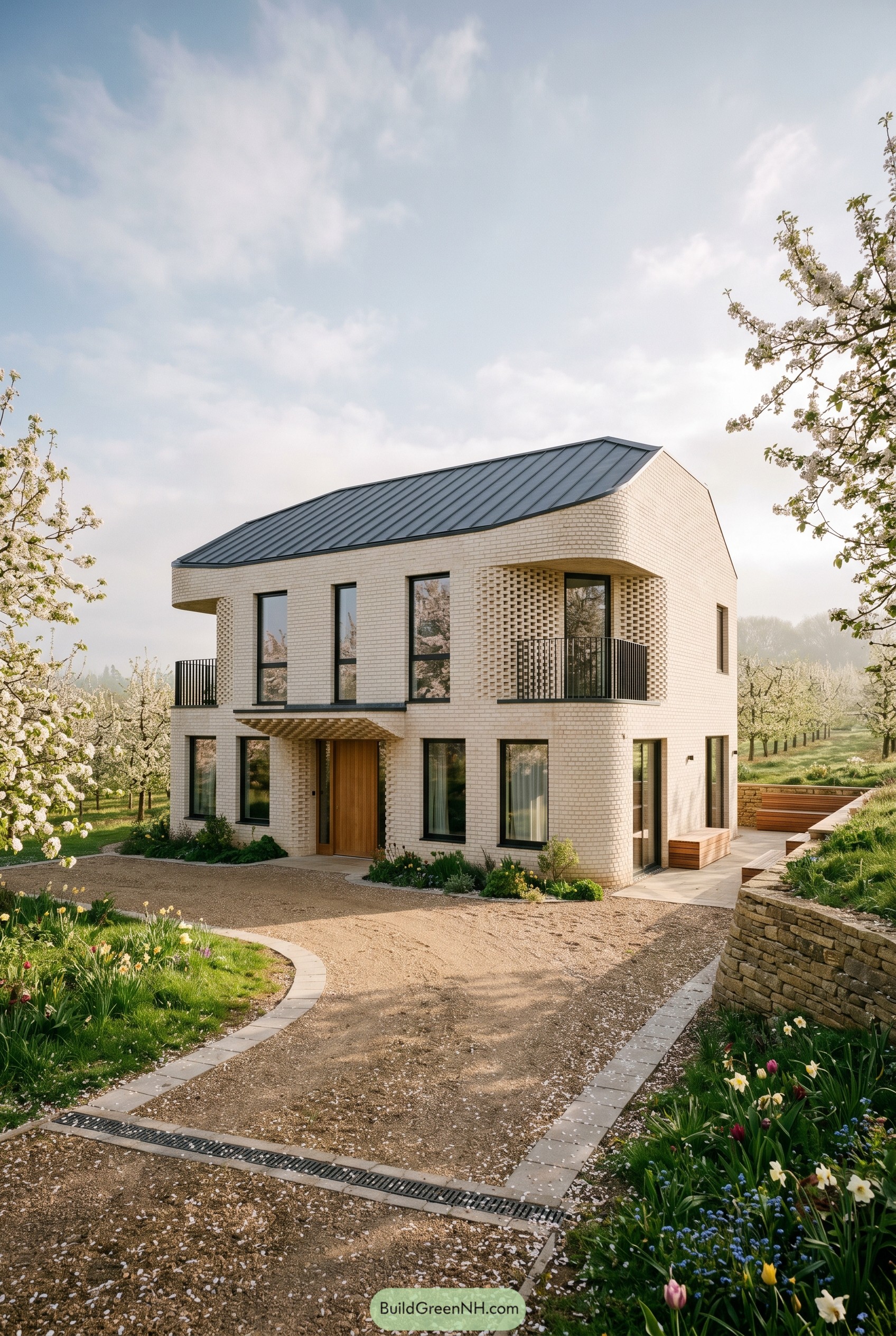 Cream brick gabled home with perforated screens