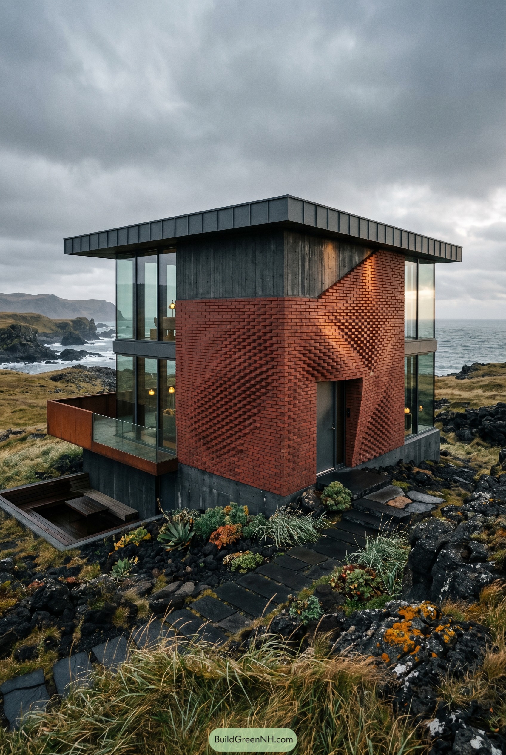 Modern coastal house with textured brick facade