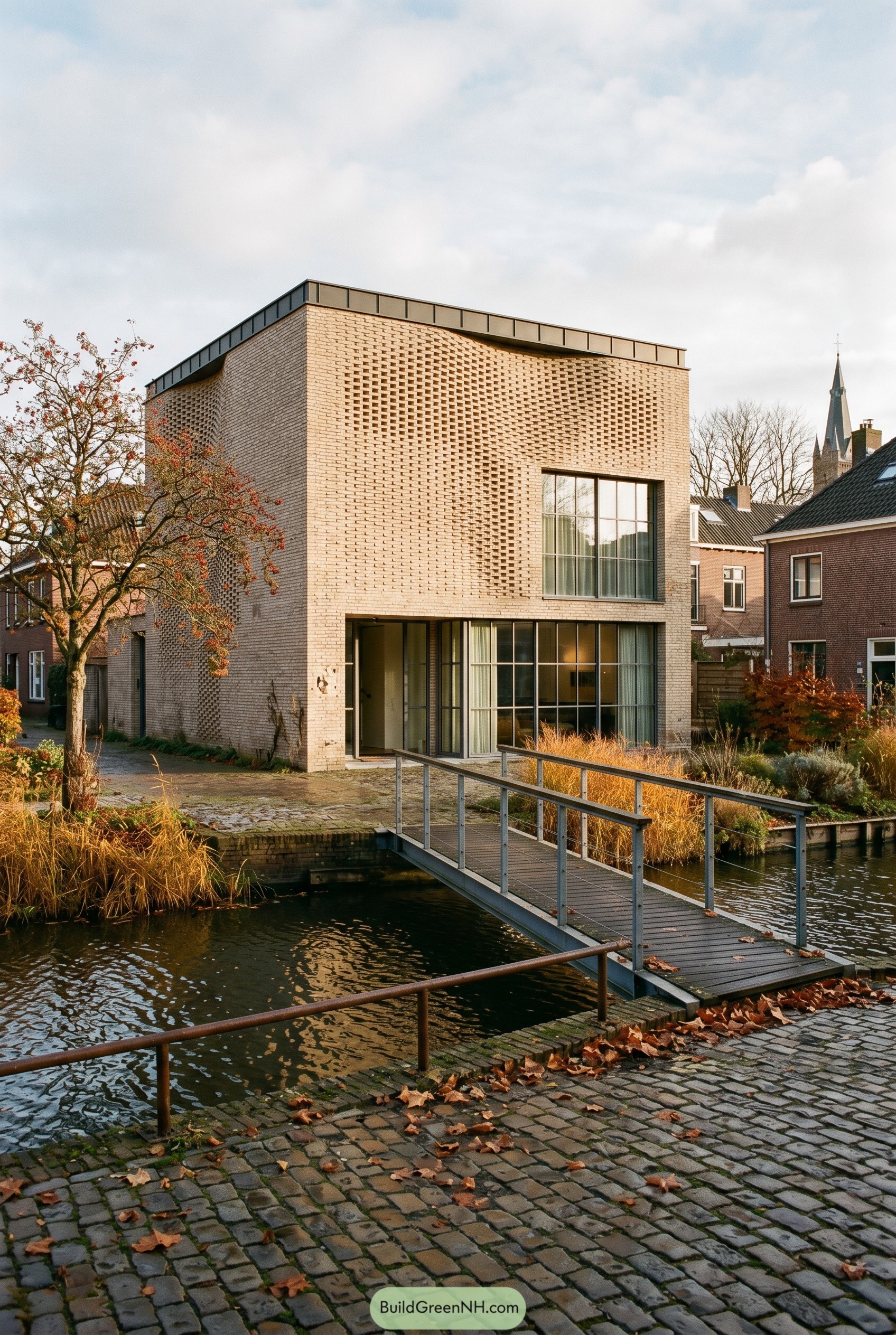 Modern pale brick house with perforated facade by a canal