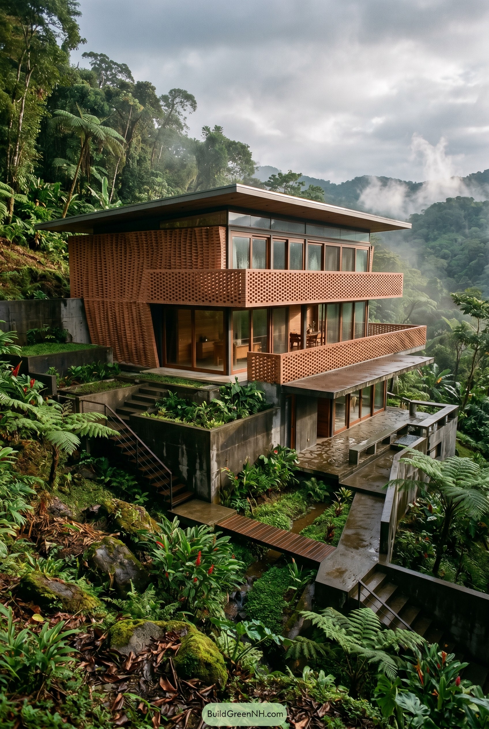 Modern tropical house with perforated brick balconies