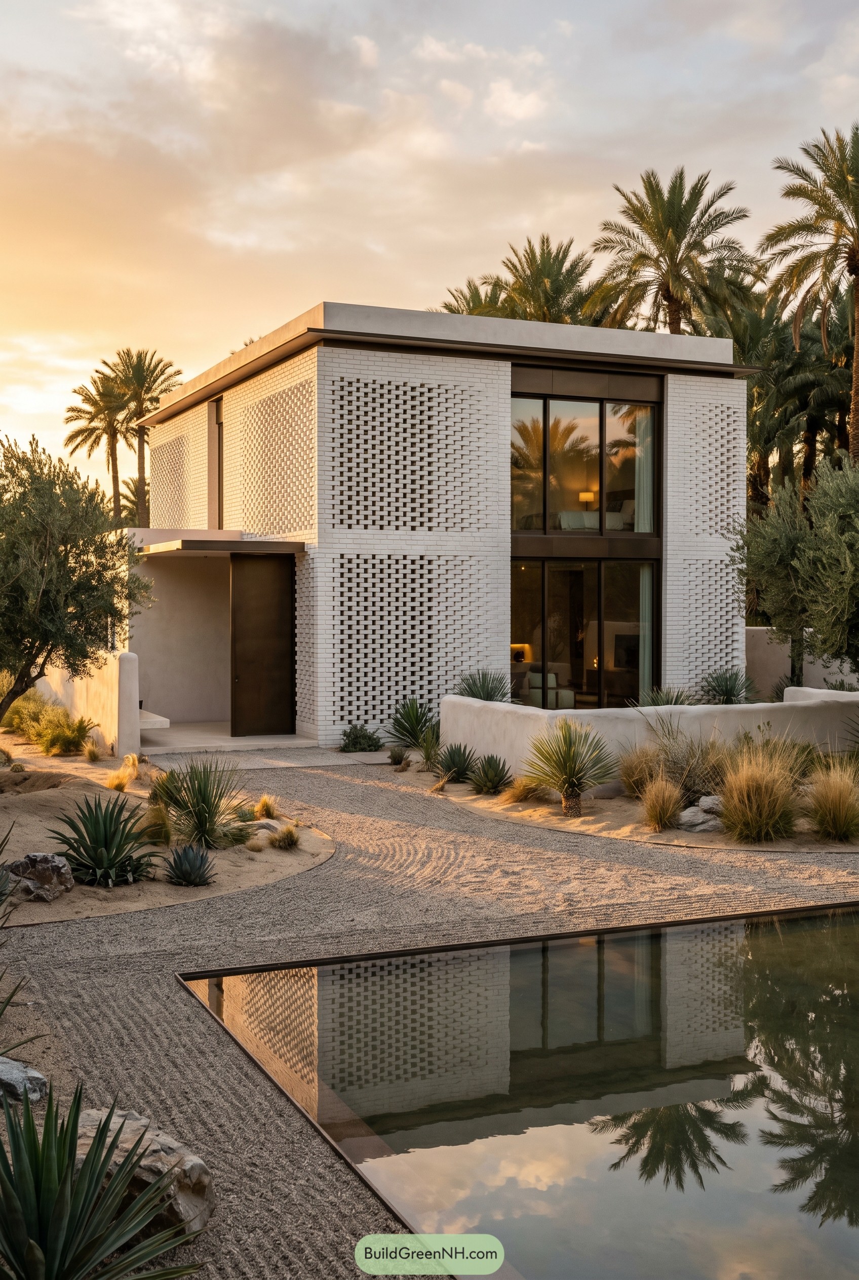 White brick desert house with patterned facade