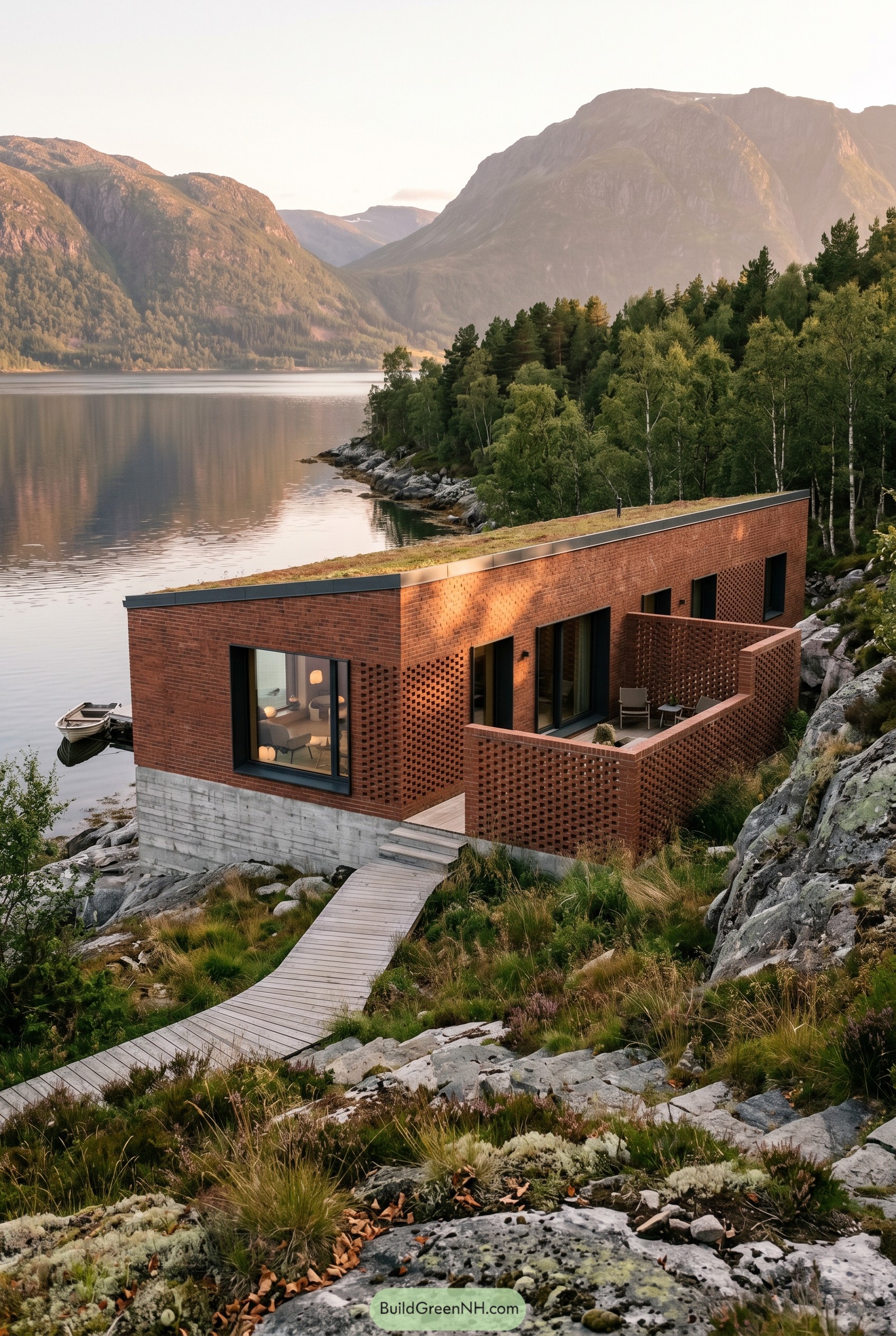 Modern brick house with perforated courtyard by a mountain lake