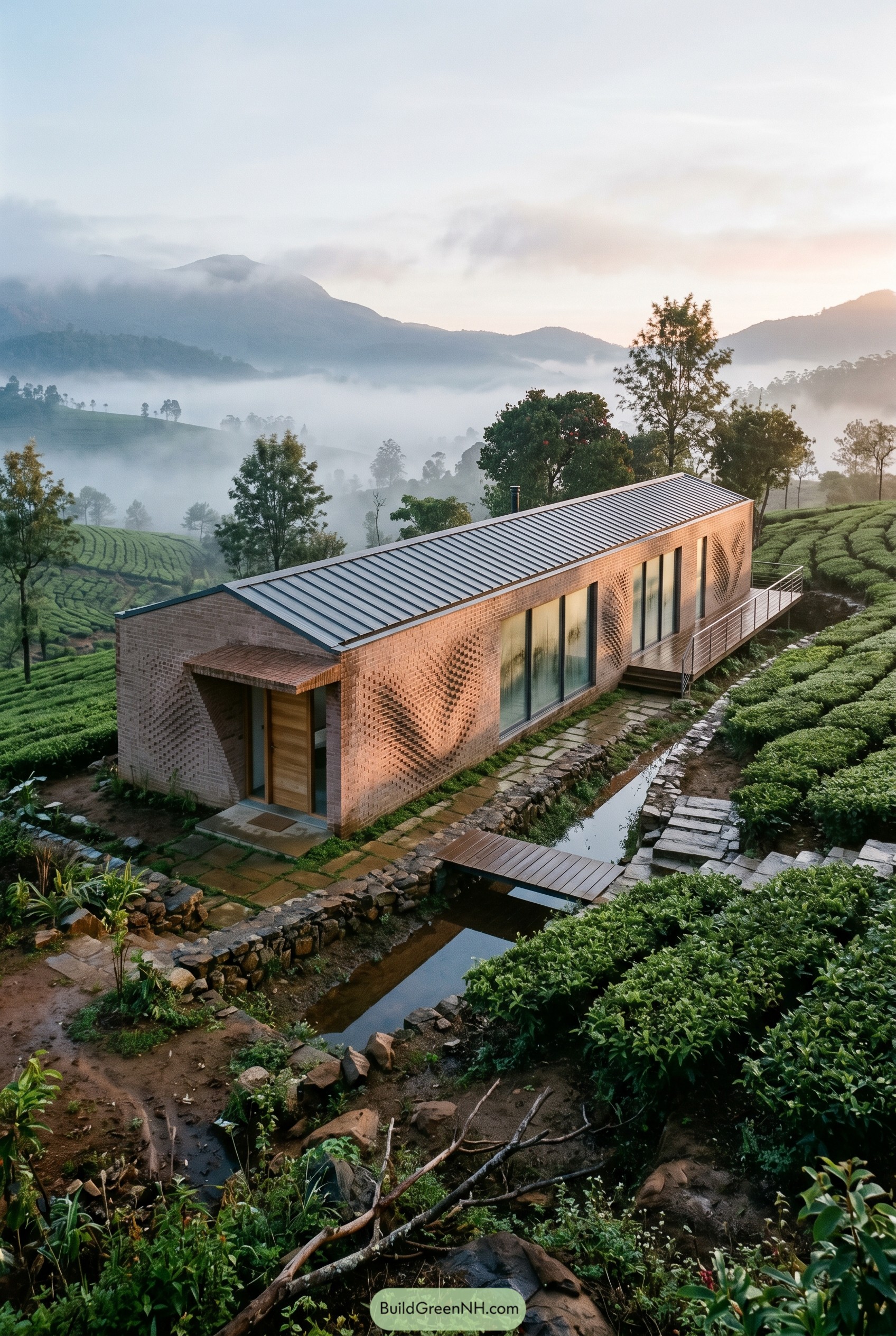 Long brick cottage with perforated facade beside a narrow stream in misty tea fields