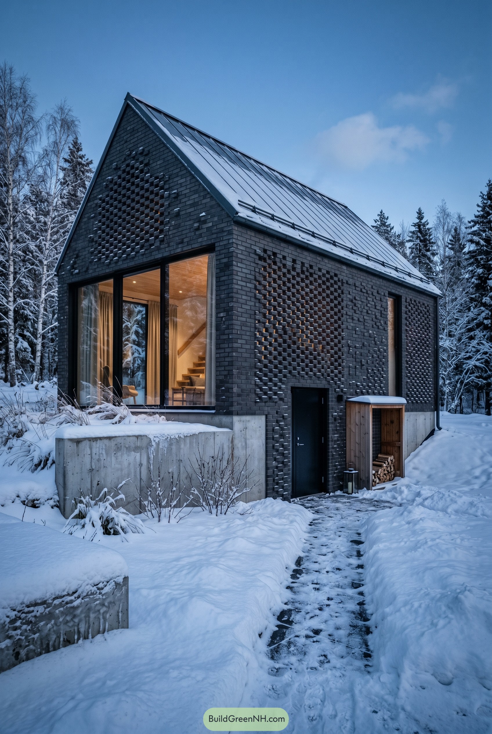 Dark brick gabled house with perforated facade in snow
