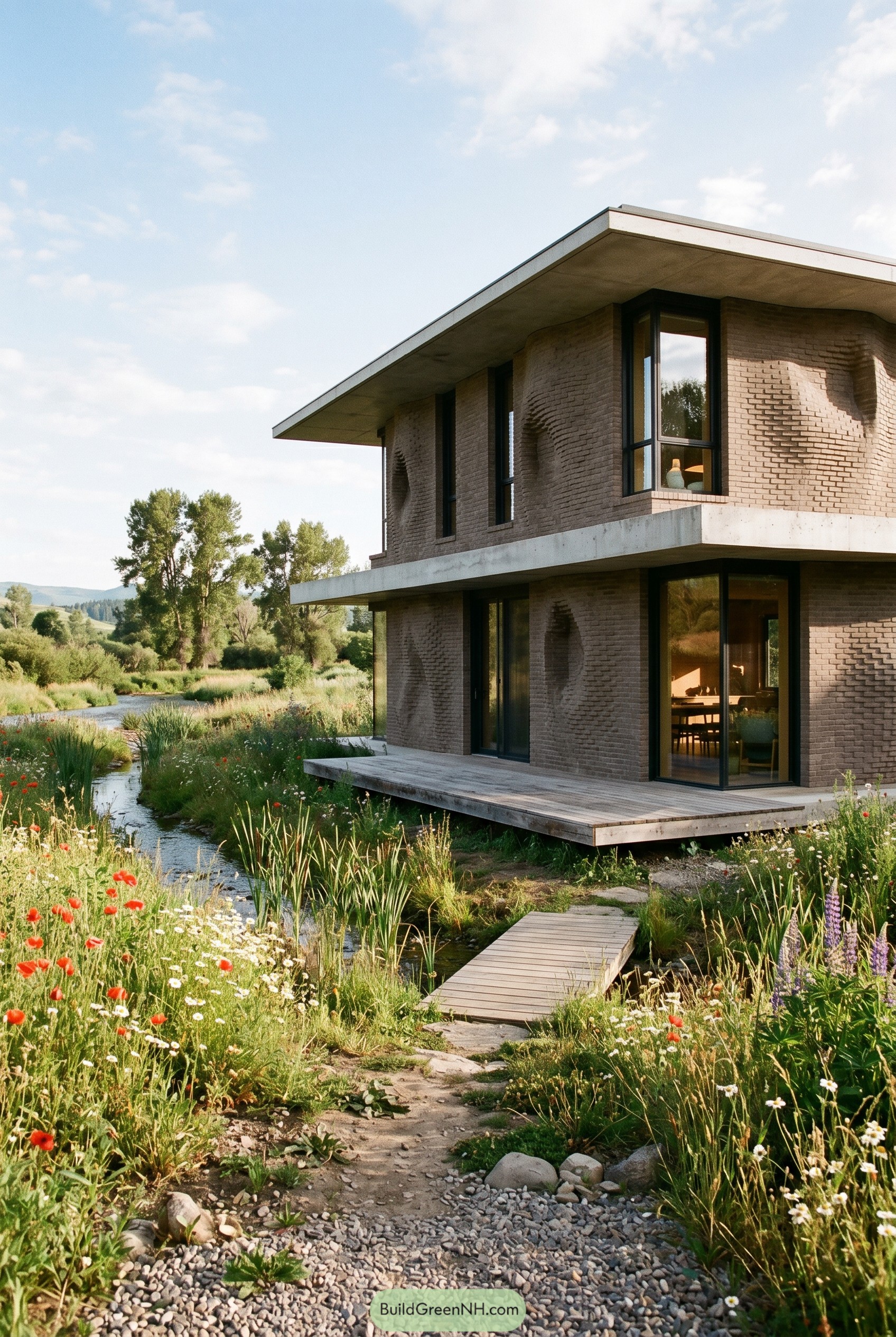 Modern brick house with recessed facade by a stream