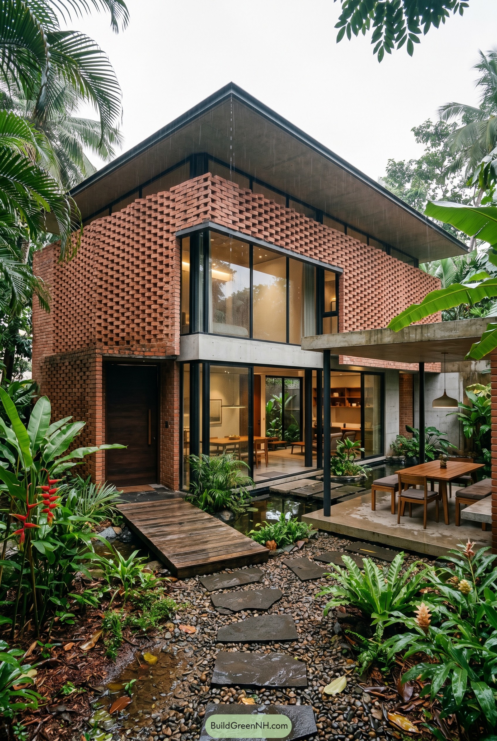 Tropical brick house with perforated facade and courtyard pond