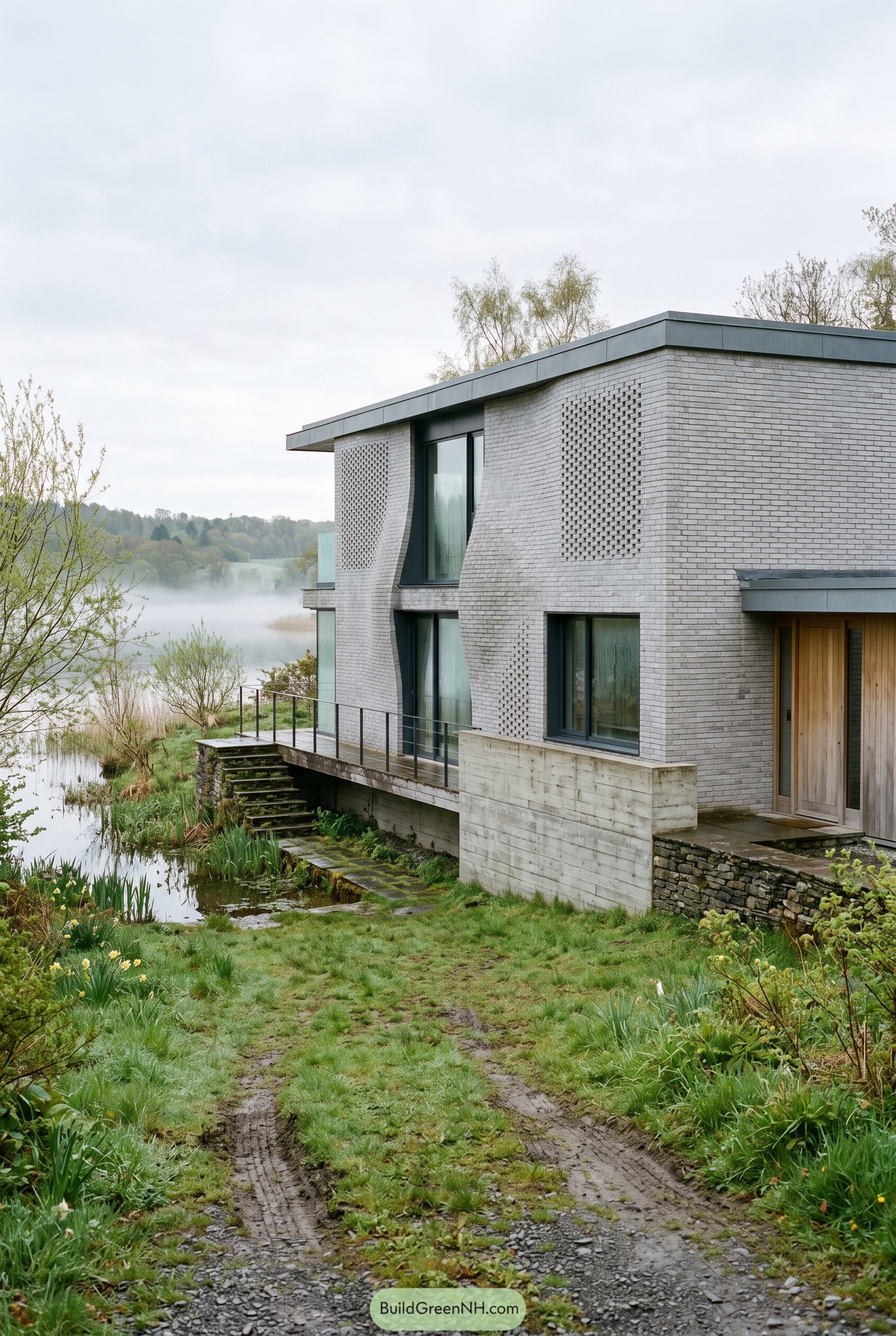 Curved pale brick house beside a misty lake