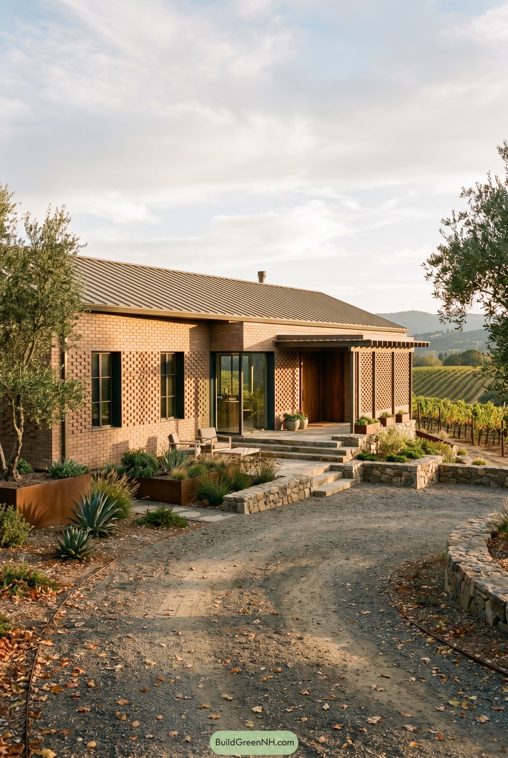 Brick house with perforated facade by vineyard