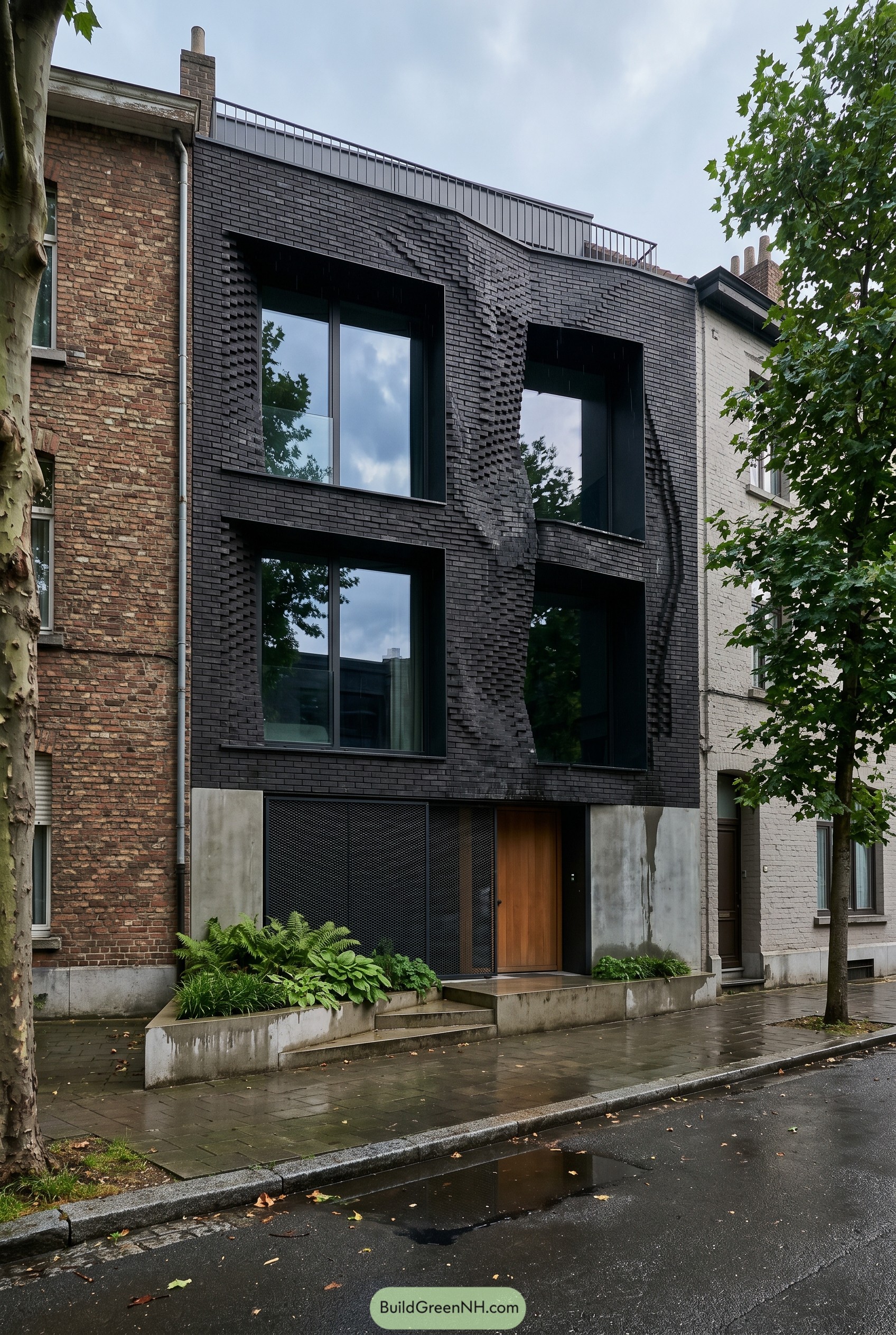 Black brick townhouse with sculpted facade