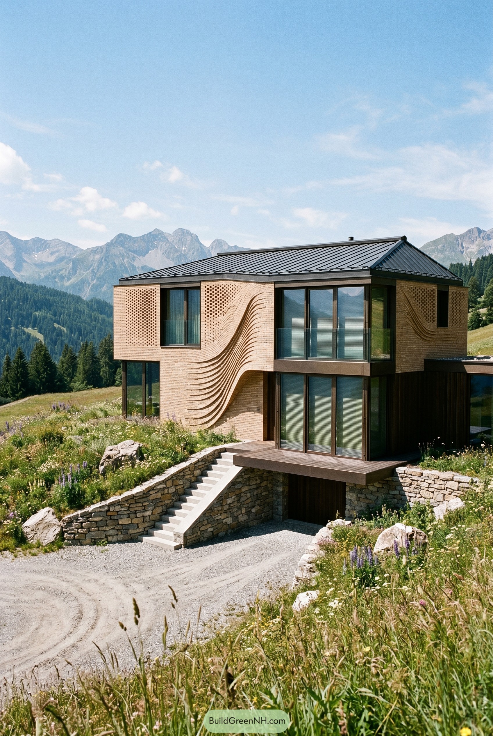 Modern brick house with flowing facade in alpine meadow