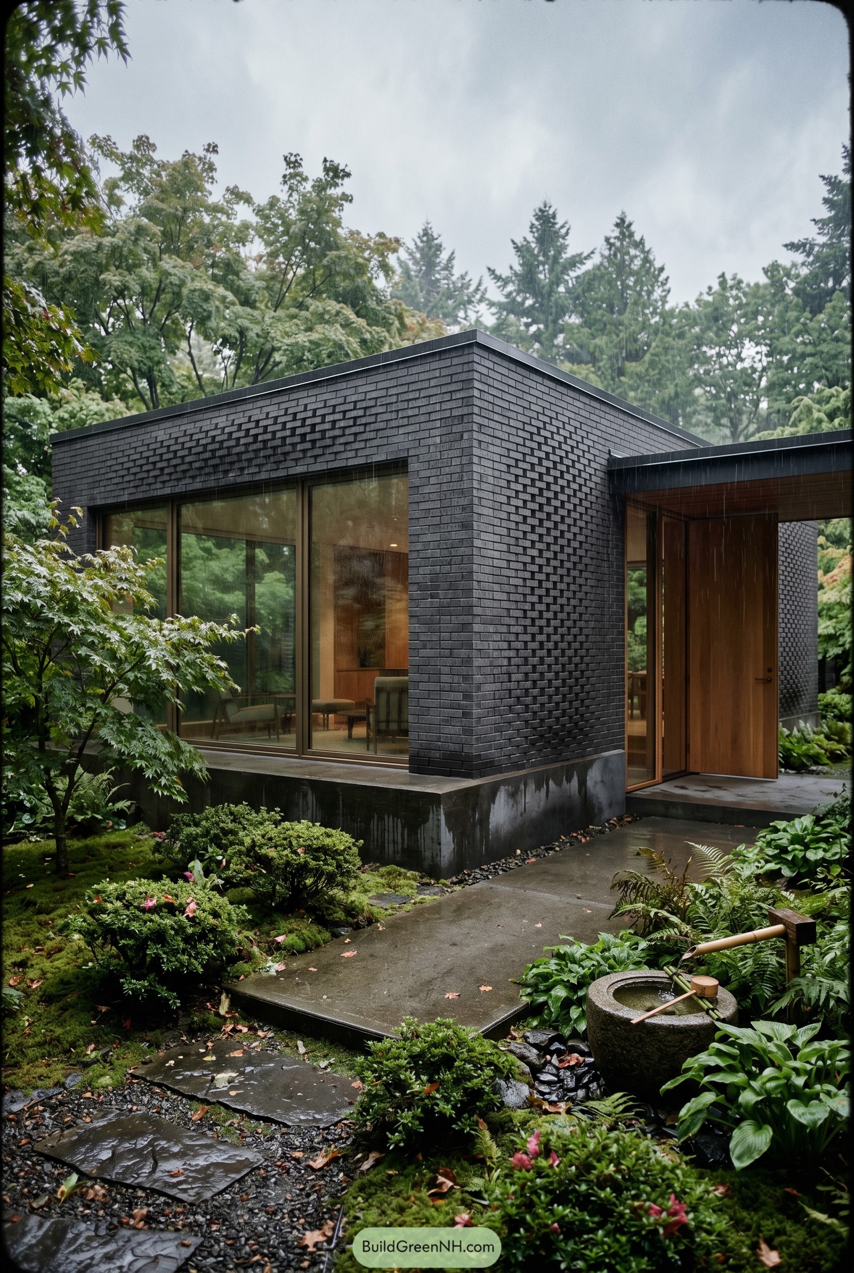Dark brick house with textured facade in a rain garden