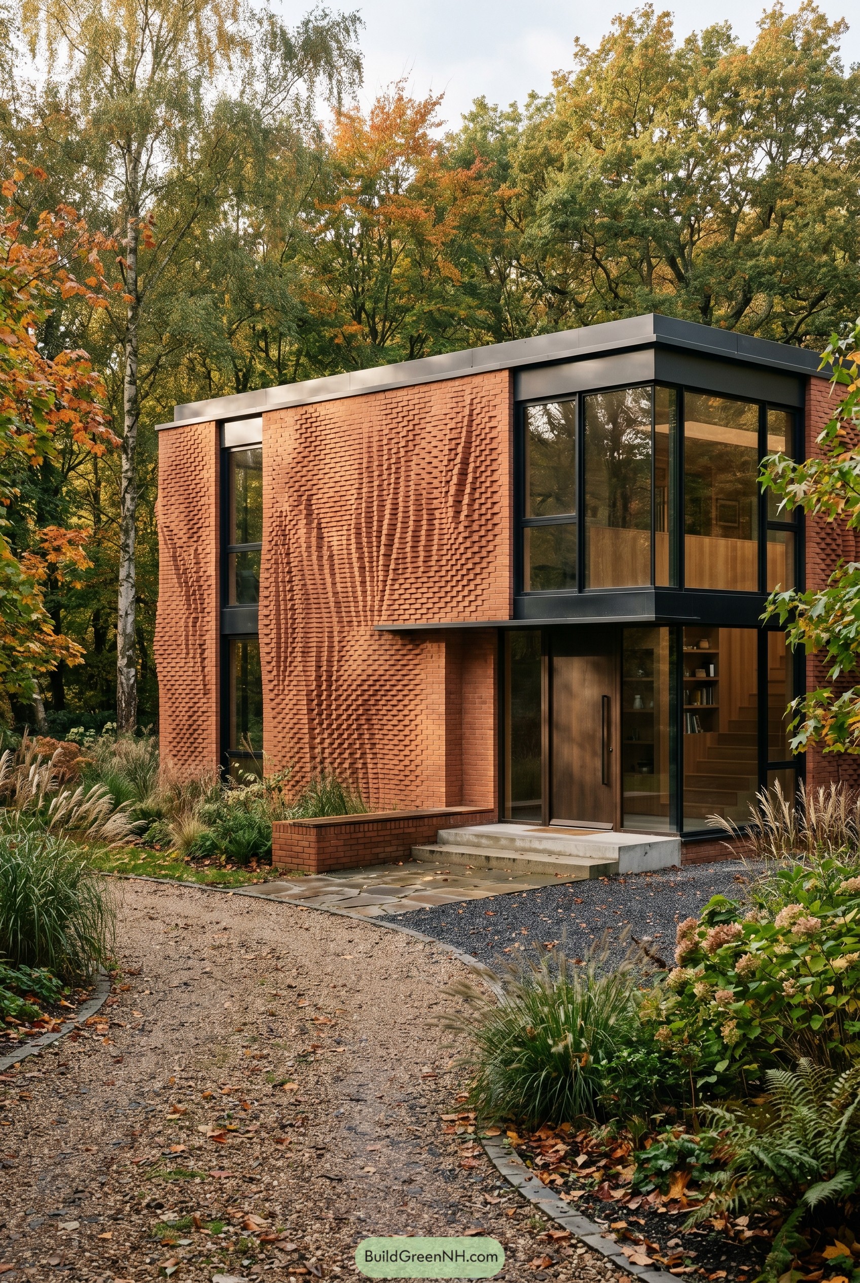 Modern brick house with folded brick facade in woods
