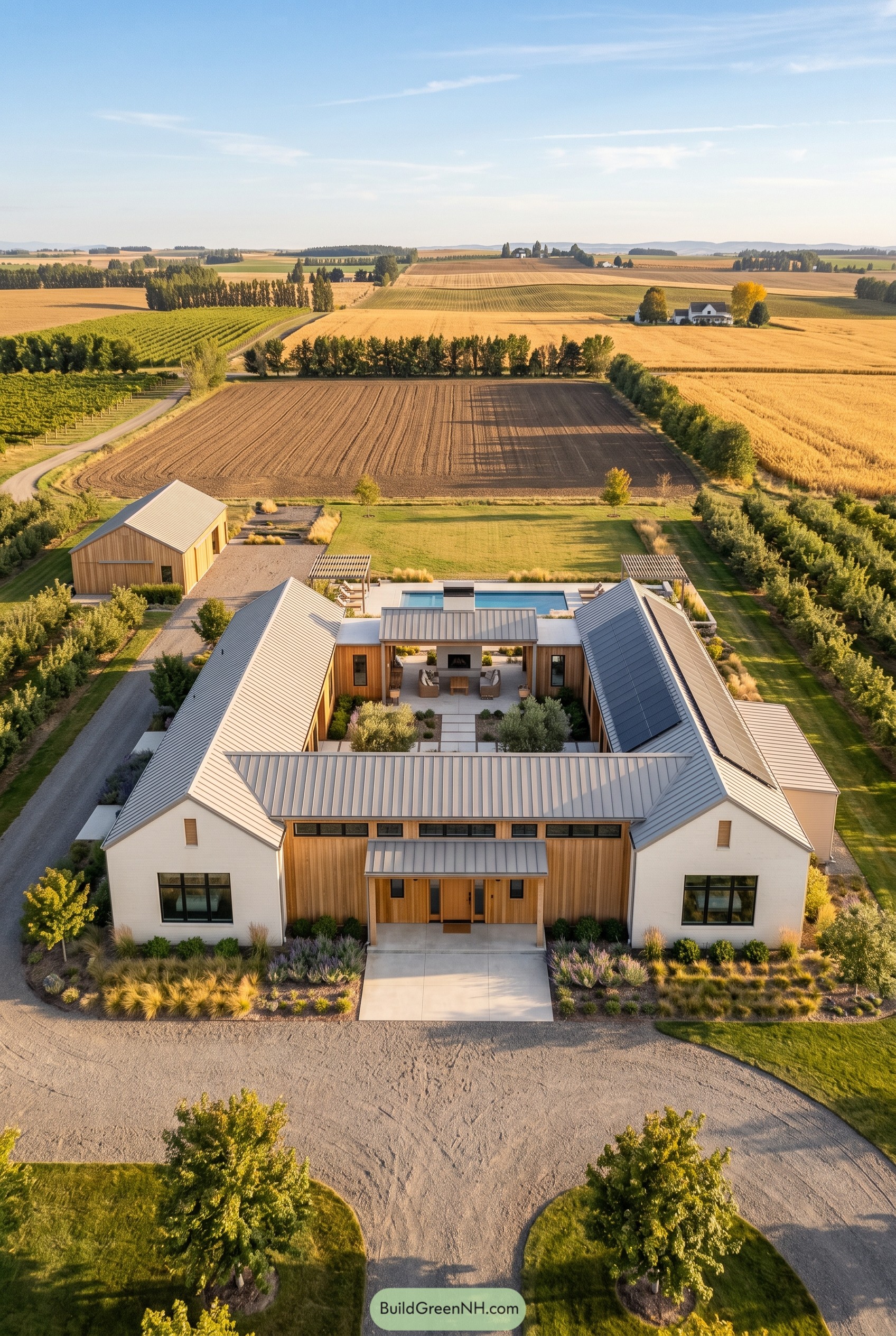 Aerial courtyard ranch with pool amid fields