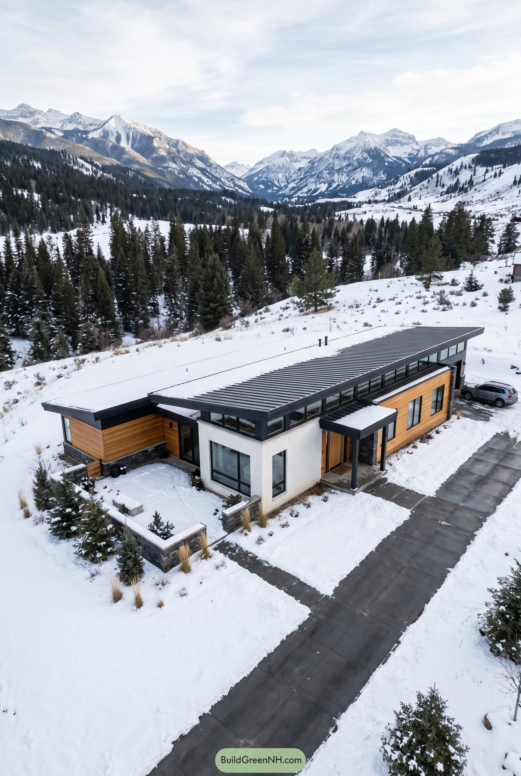 Modern ranch house with wood siding and snowy mountain backdrop
