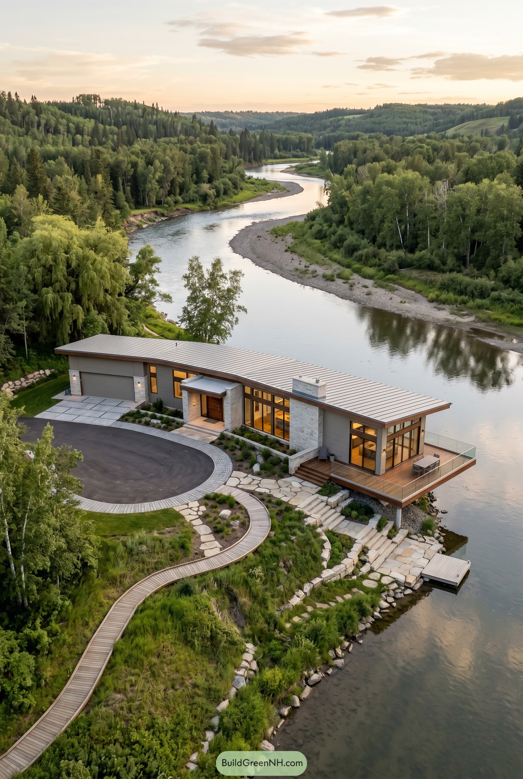 Modern riverside ranch with curved roof and deck