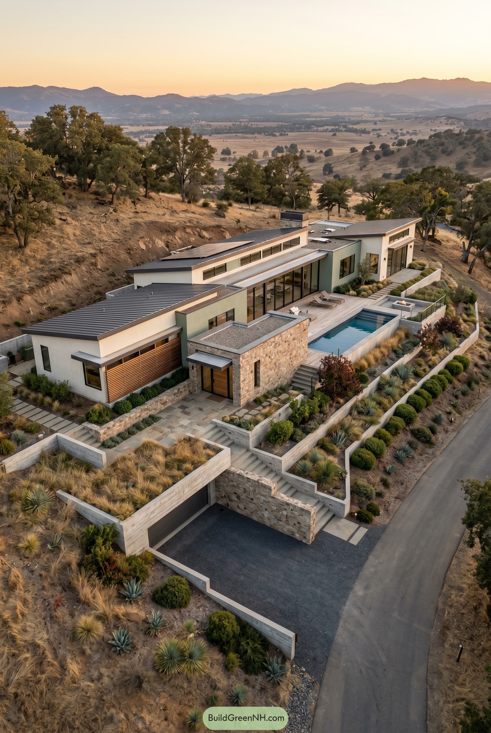 Modern terraced ranch house on a dry hillside with pool