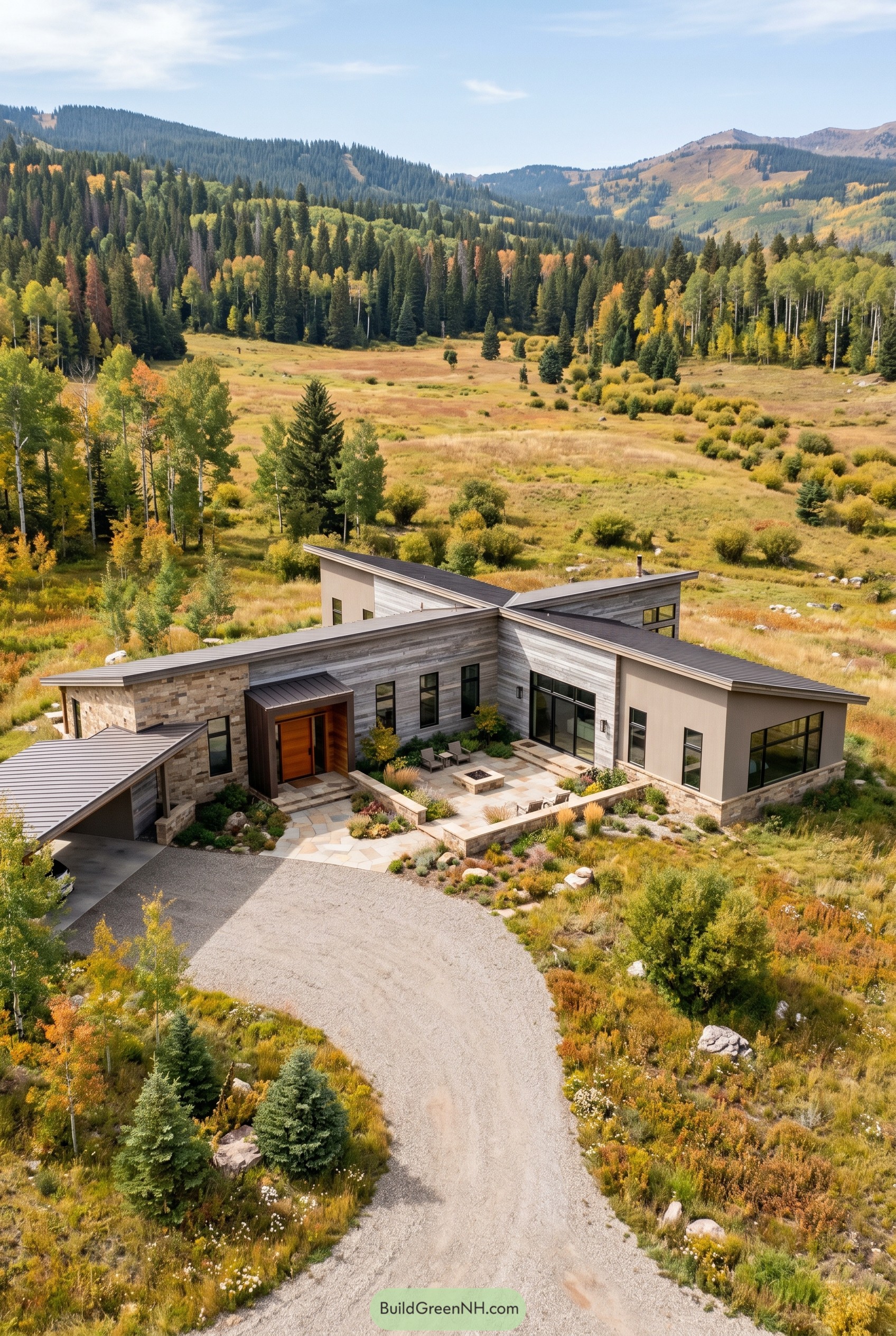 Modern ranch house with courtyard in a mountain meadow