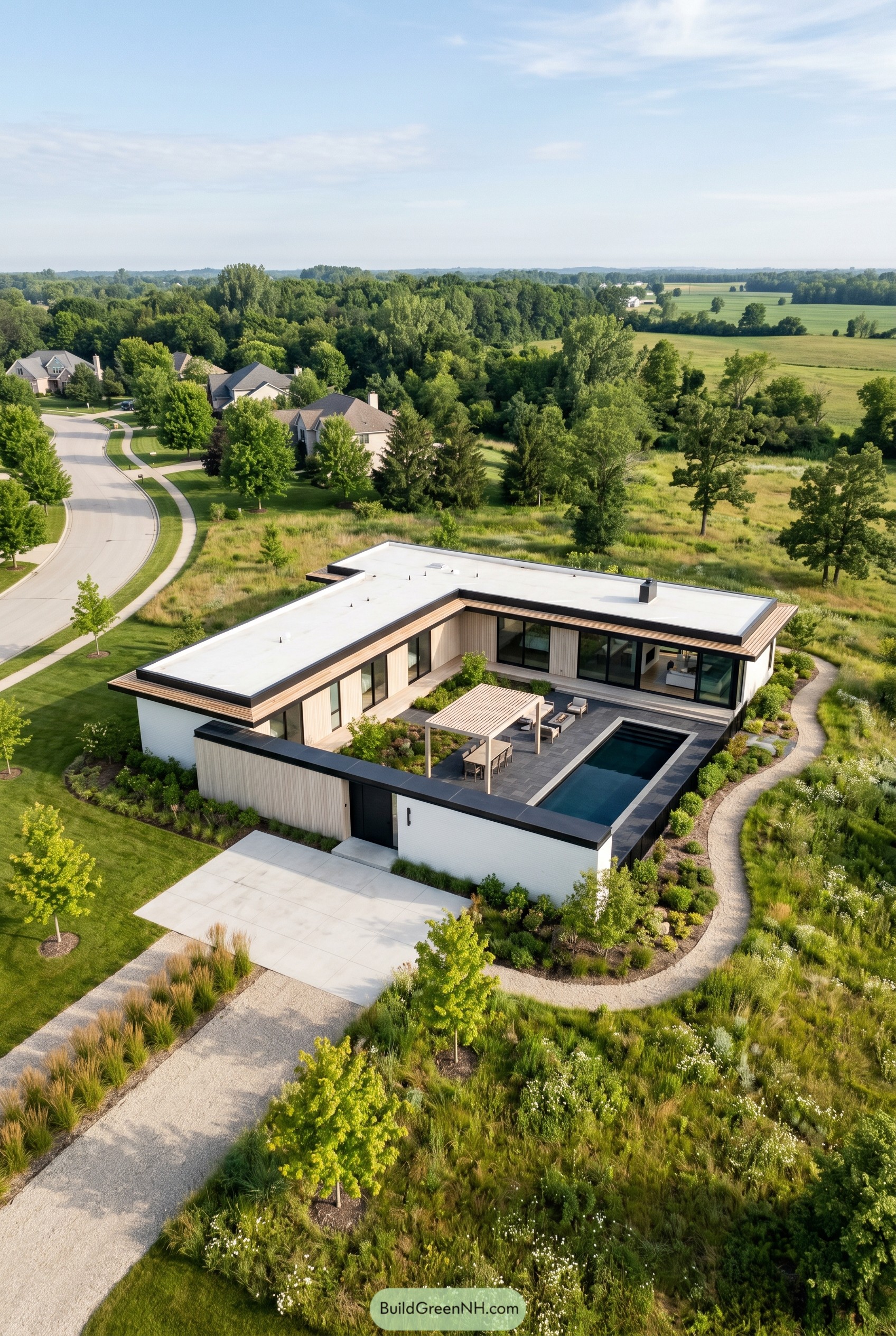 L shaped modern ranch with courtyard pool