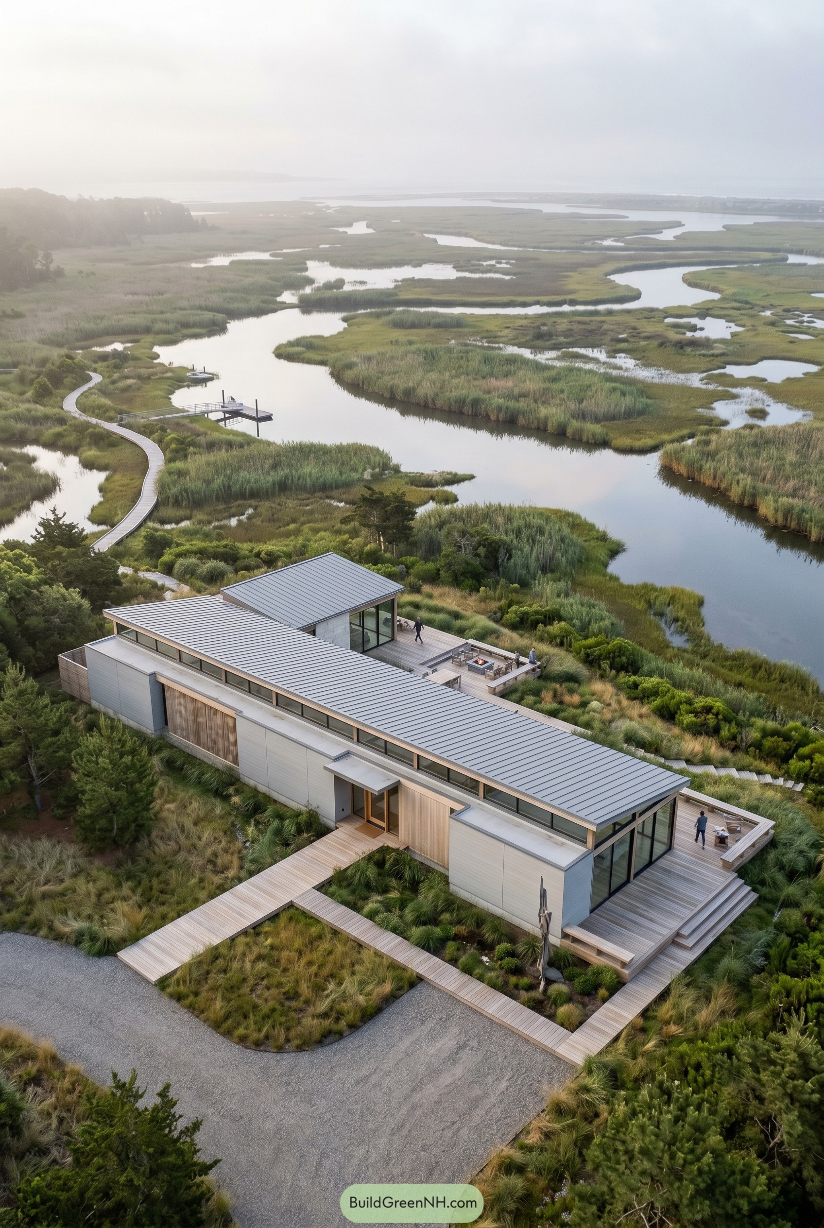 Modern linear ranch overlooking winding coastal marsh
